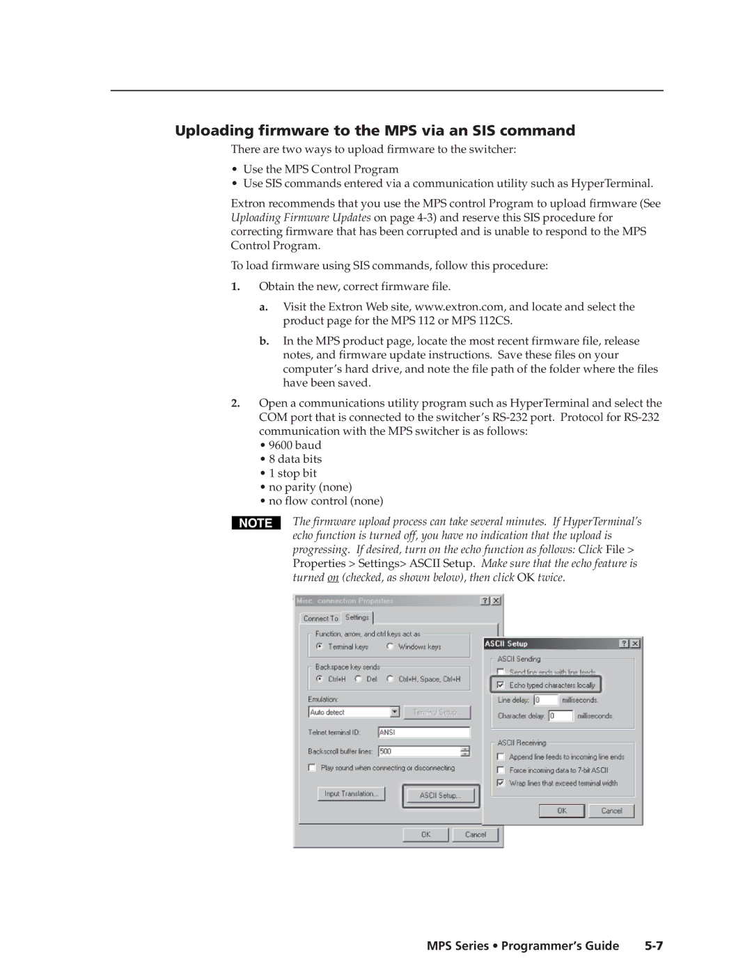 Extron electronic MPS 112CS manual Uploading firmware to the MPS via an SIS command 