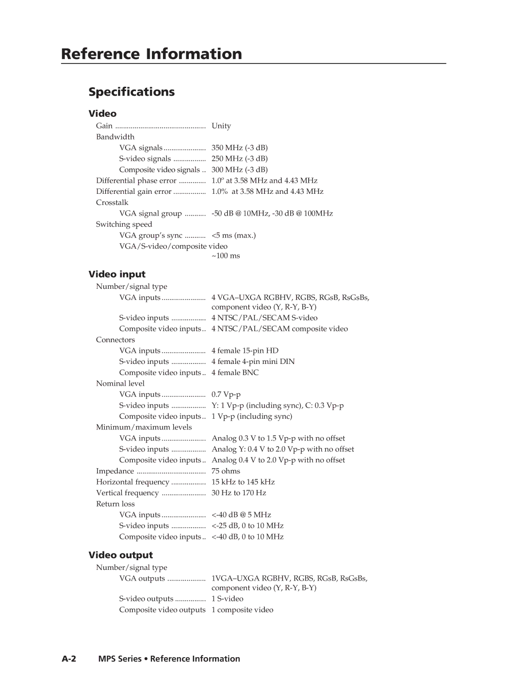 Extron electronic MPS 112CS manual Specifications, MPS Series Reference Information 