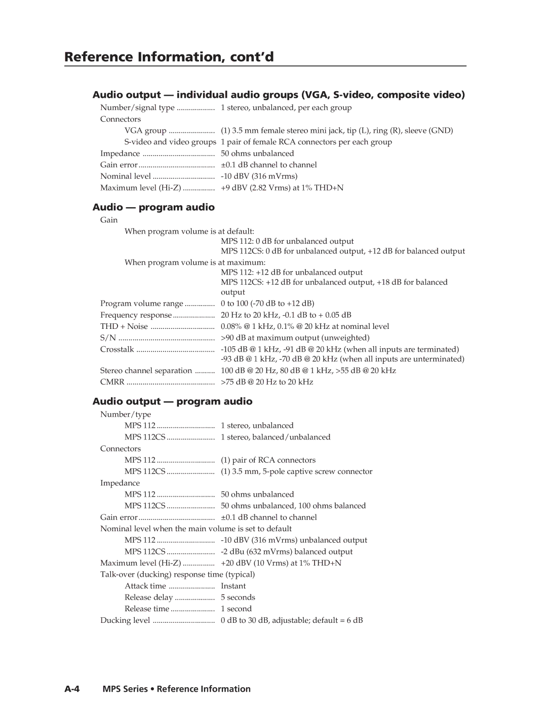 Extron electronic MPS 112CS manual Reference Information, cont’d, Audio program audio 