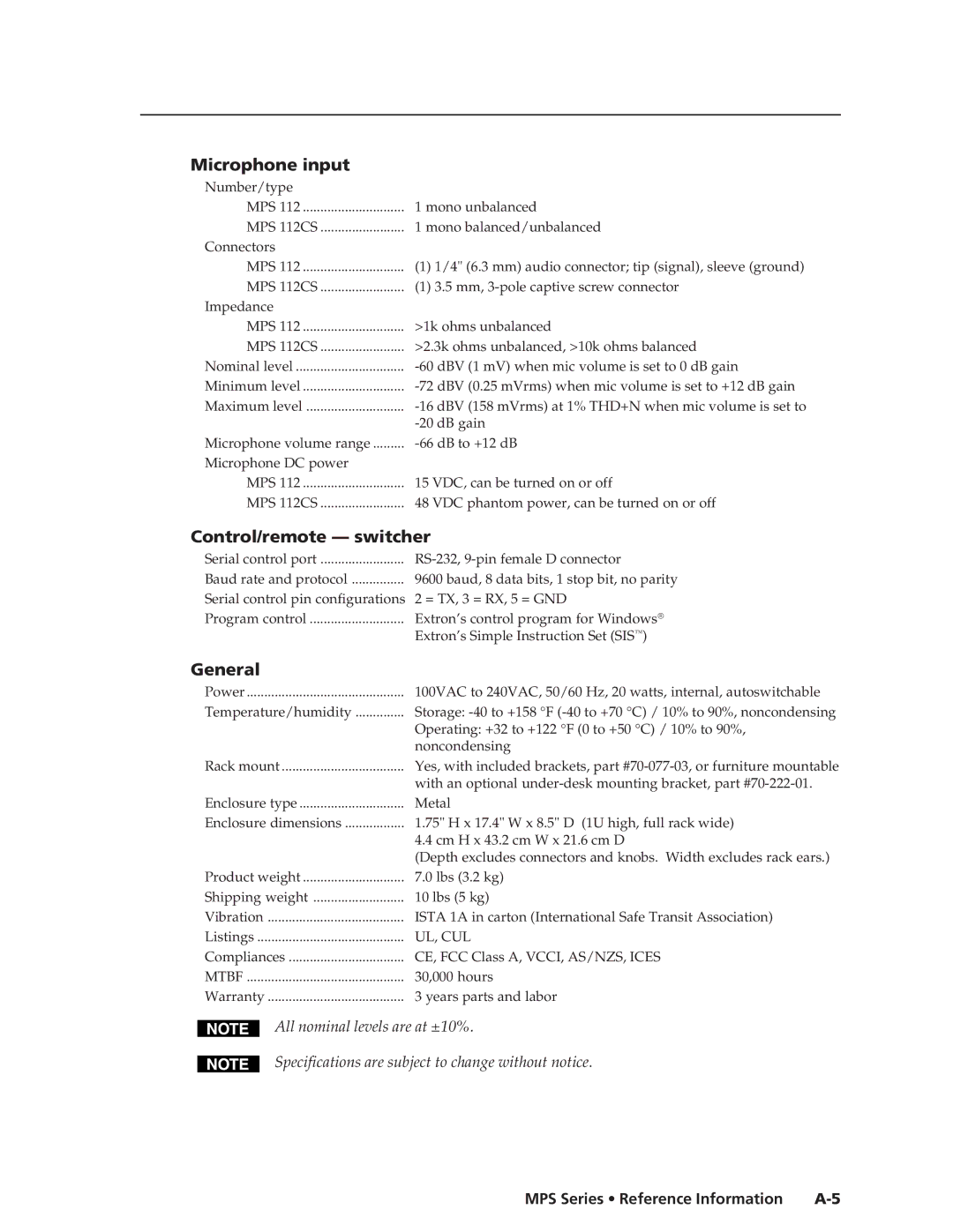 Extron electronic MPS 112CS manual Microphone input, MPS Series Reference Information A-5 