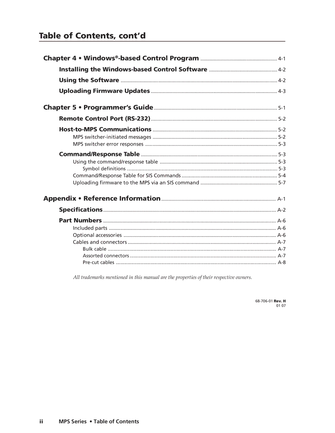 Extron electronic MPS 112CS manual Table of Contents, cont’d 