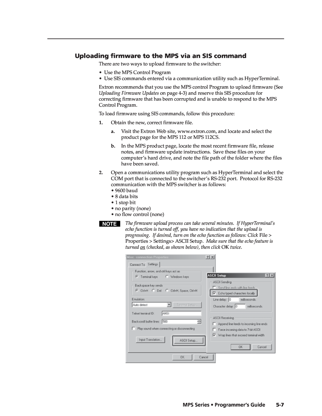 Extron electronic MPS 112CS manual Uploading firmware to the MPS via an SIS command, MPS Series Programmer’s Guide 