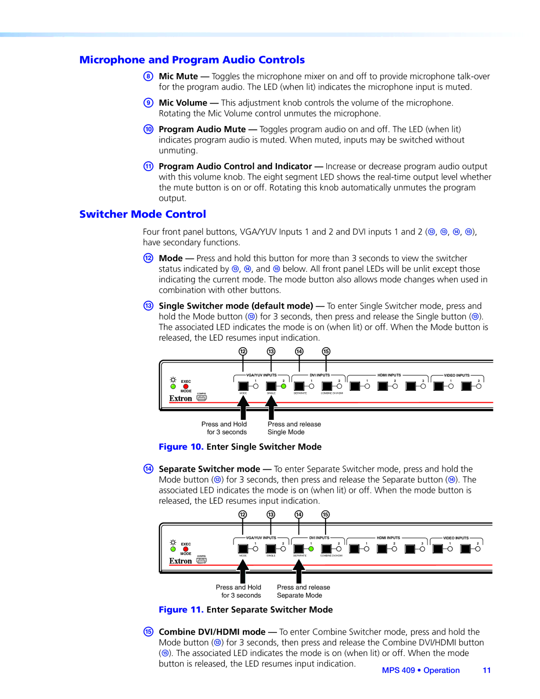 Extron electronic MPS 409 manual Microphone and Program Audio Controls, Switcher Mode Control 