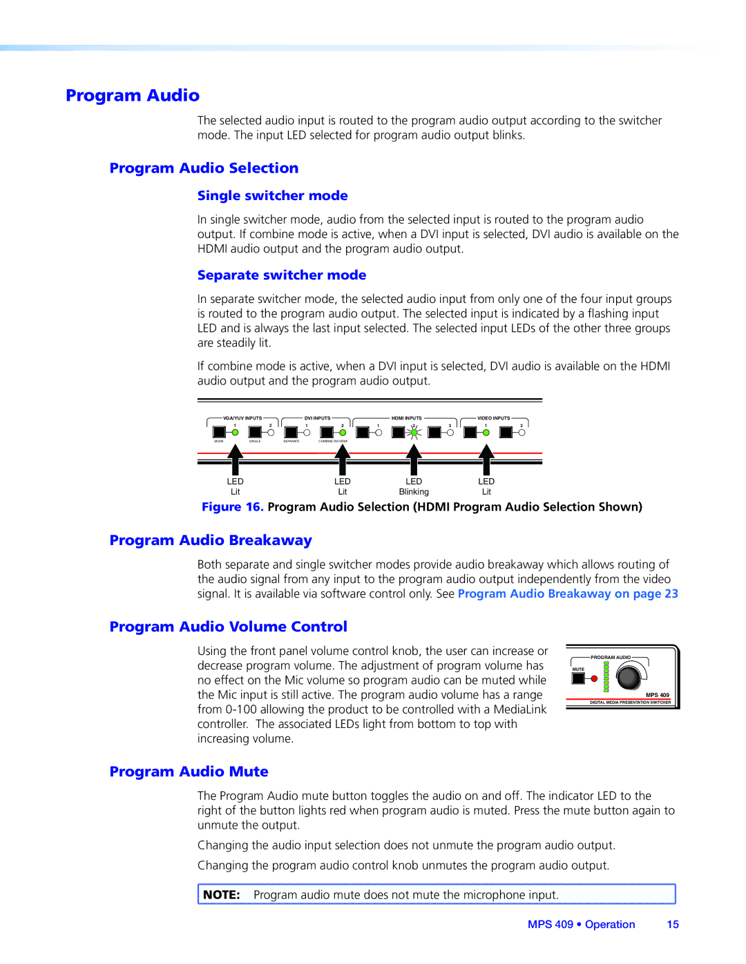 Extron electronic MPS 409 manual Program Audio Selection, Program Audio Volume Control, Program Audio Mute 