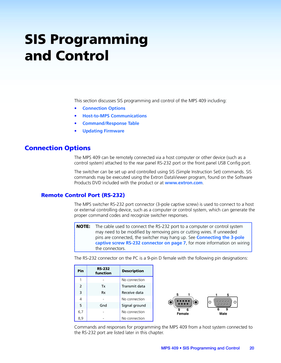 Extron electronic MPS 409 manual SIS Programming Control, Connection Options, Remote Control Port RS-232 