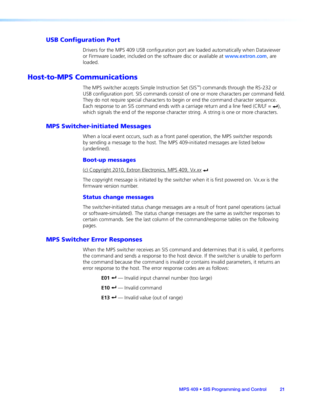 Extron electronic MPS 409 manual Host-to-MPS Communications, USB Configuration Port, MPS Switcher-initiated Messages 