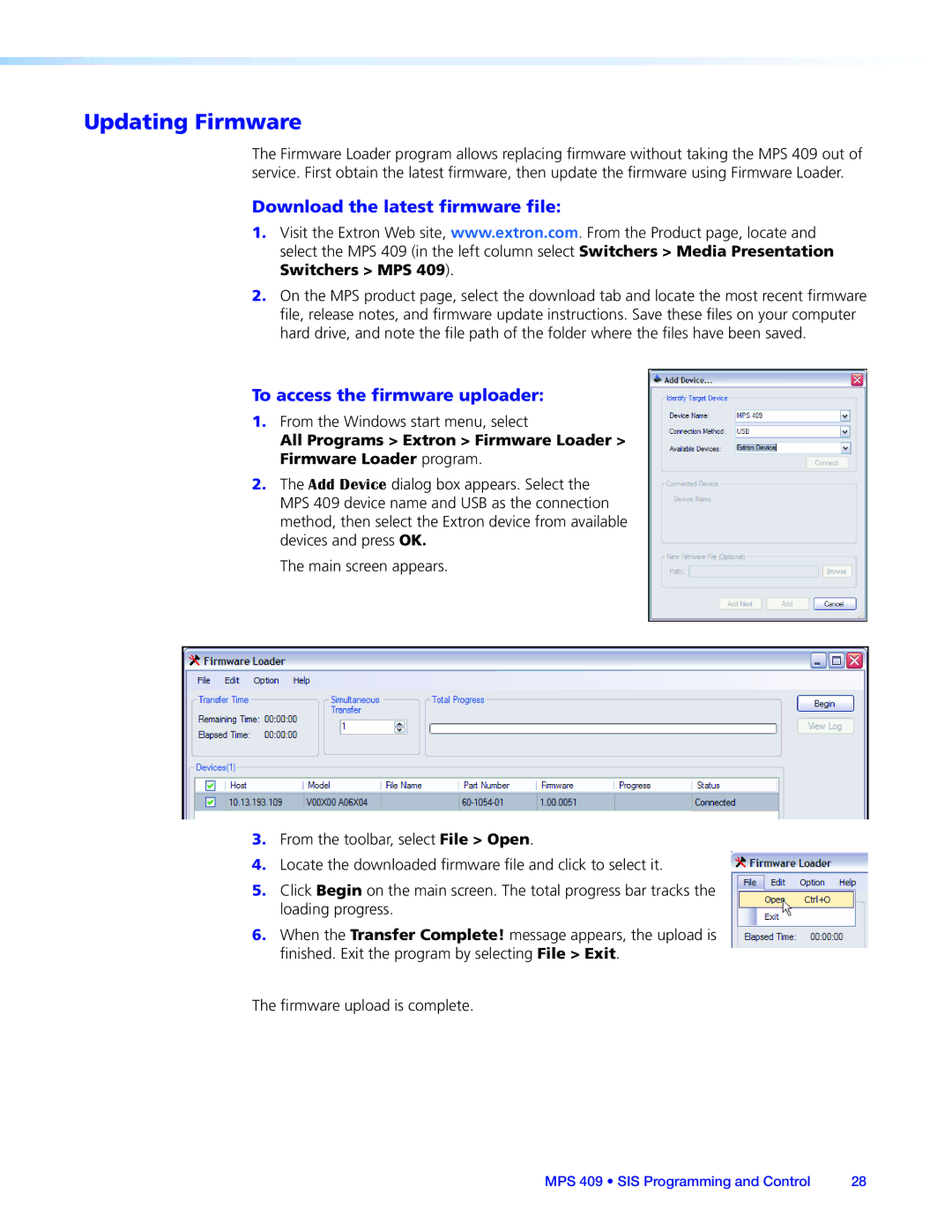 Extron electronic MPS 409 manual Updating Firmware, Download the latest firmware file, To access the firmware uploader 