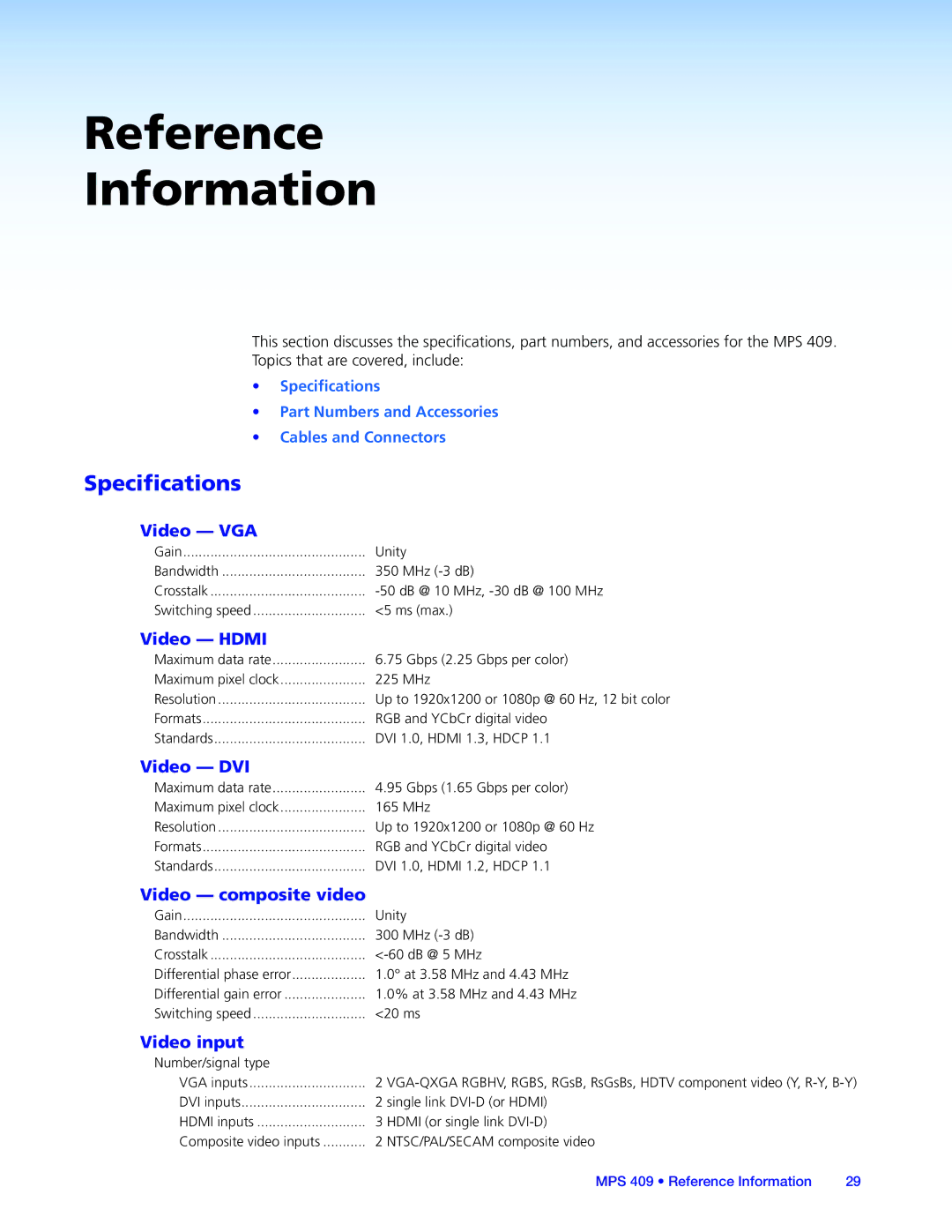 Extron electronic MPS 409 manual Reference Information, Specifications 