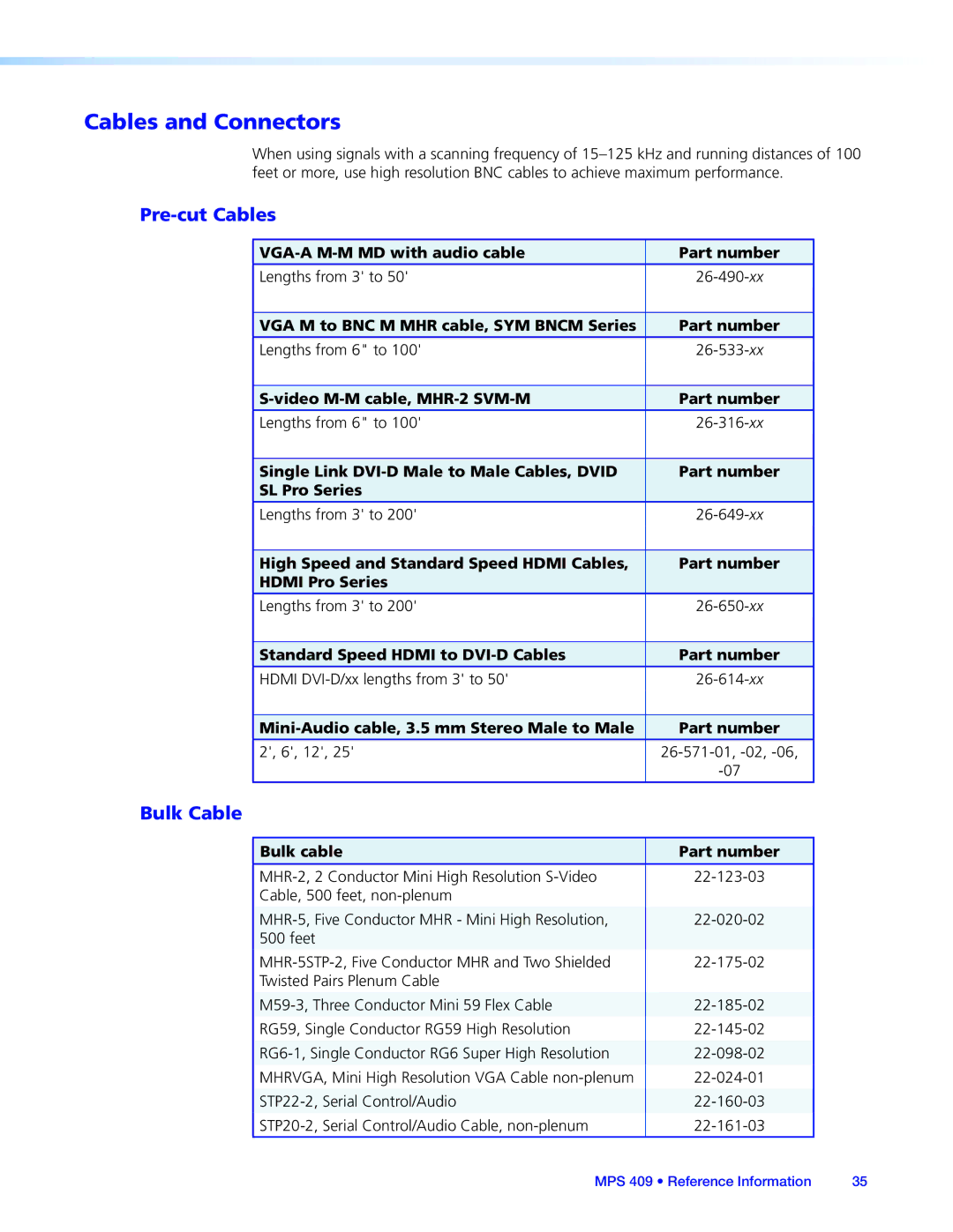 Extron electronic MPS 409 manual Cables and Connectors, Pre-cut Cables, Bulk Cable 