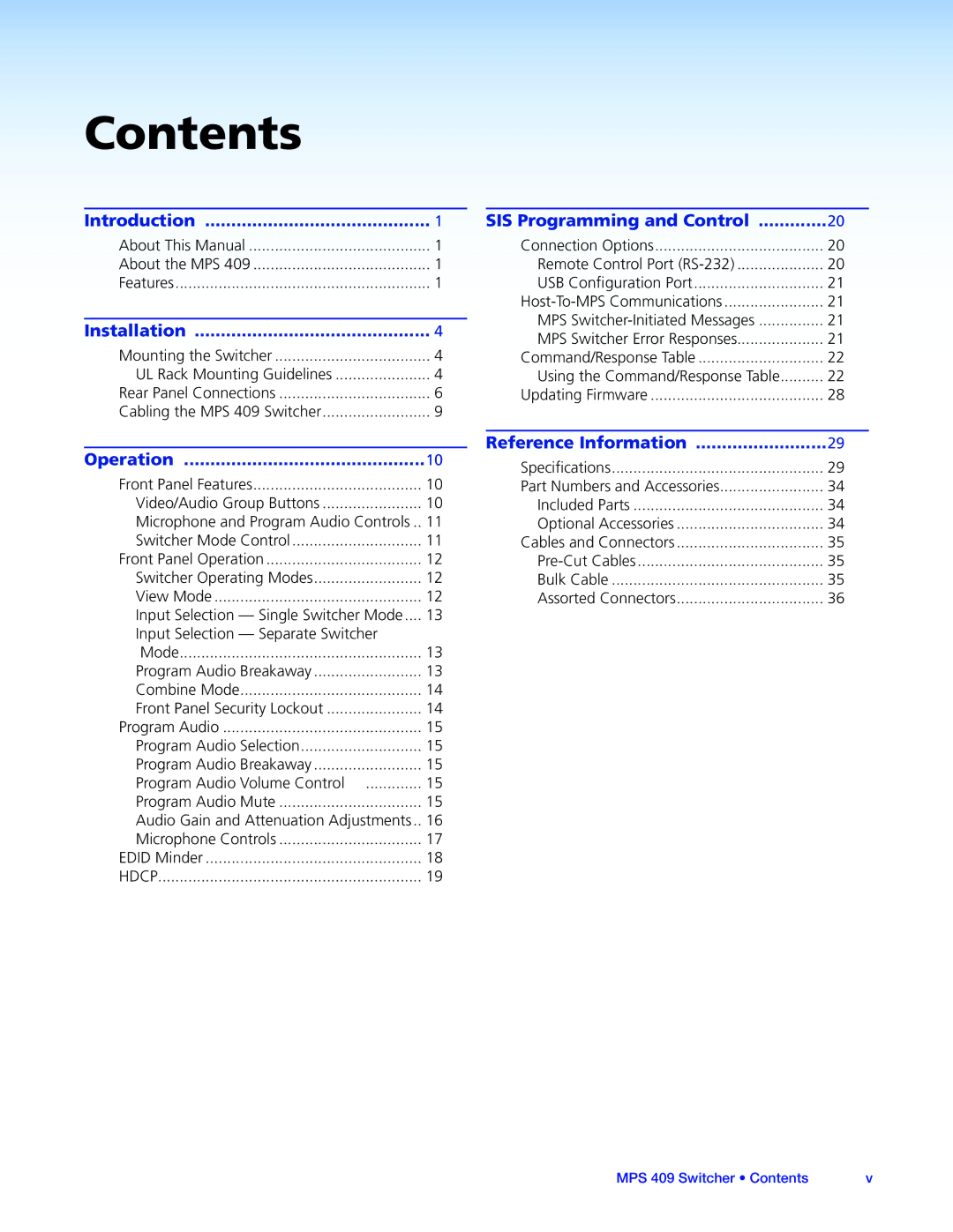 Extron electronic MPS 409 manual Contents 