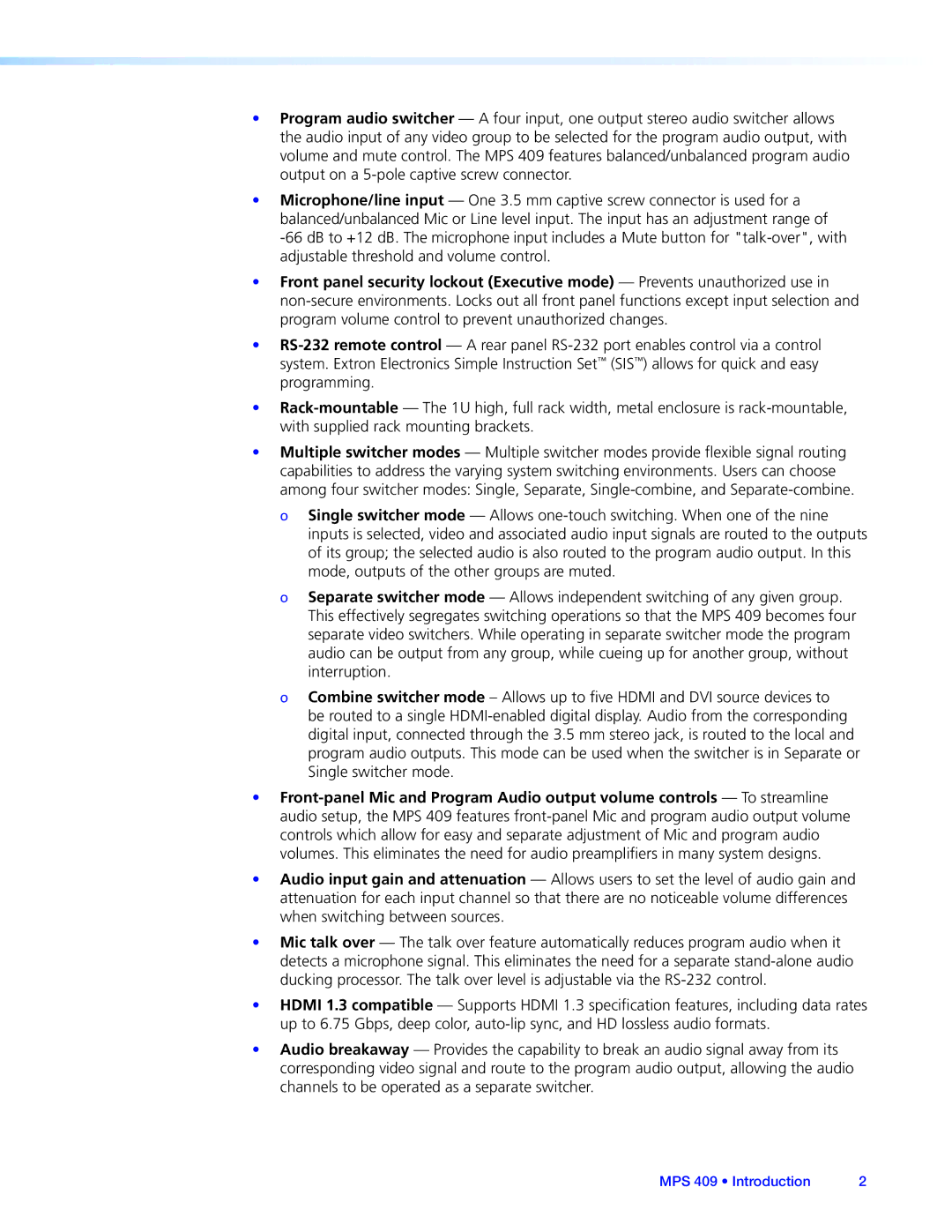 Extron electronic manual MPS 409 Introduction 