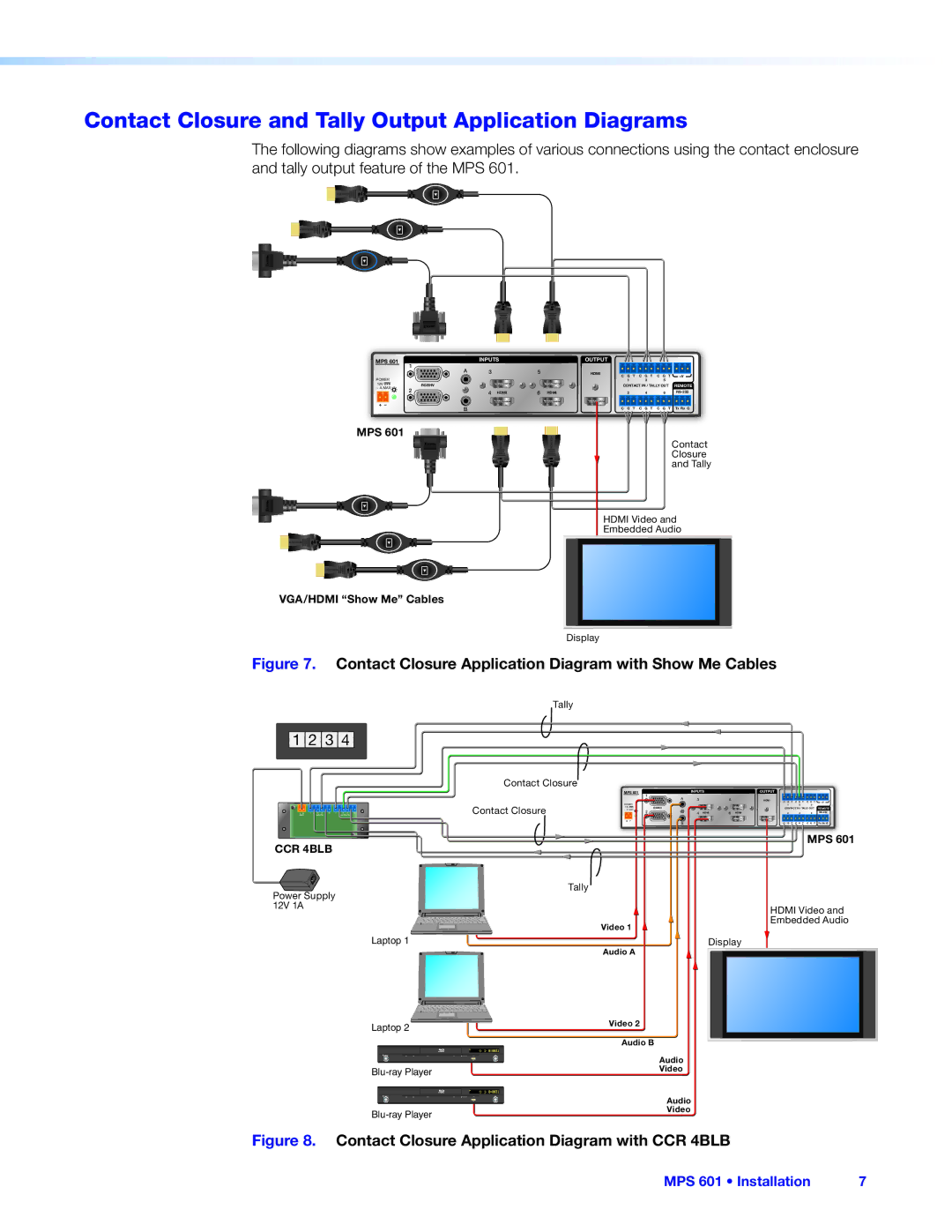 Extron electronic MPS 601 manual Contact Closure and Tally Output Application Diagrams 