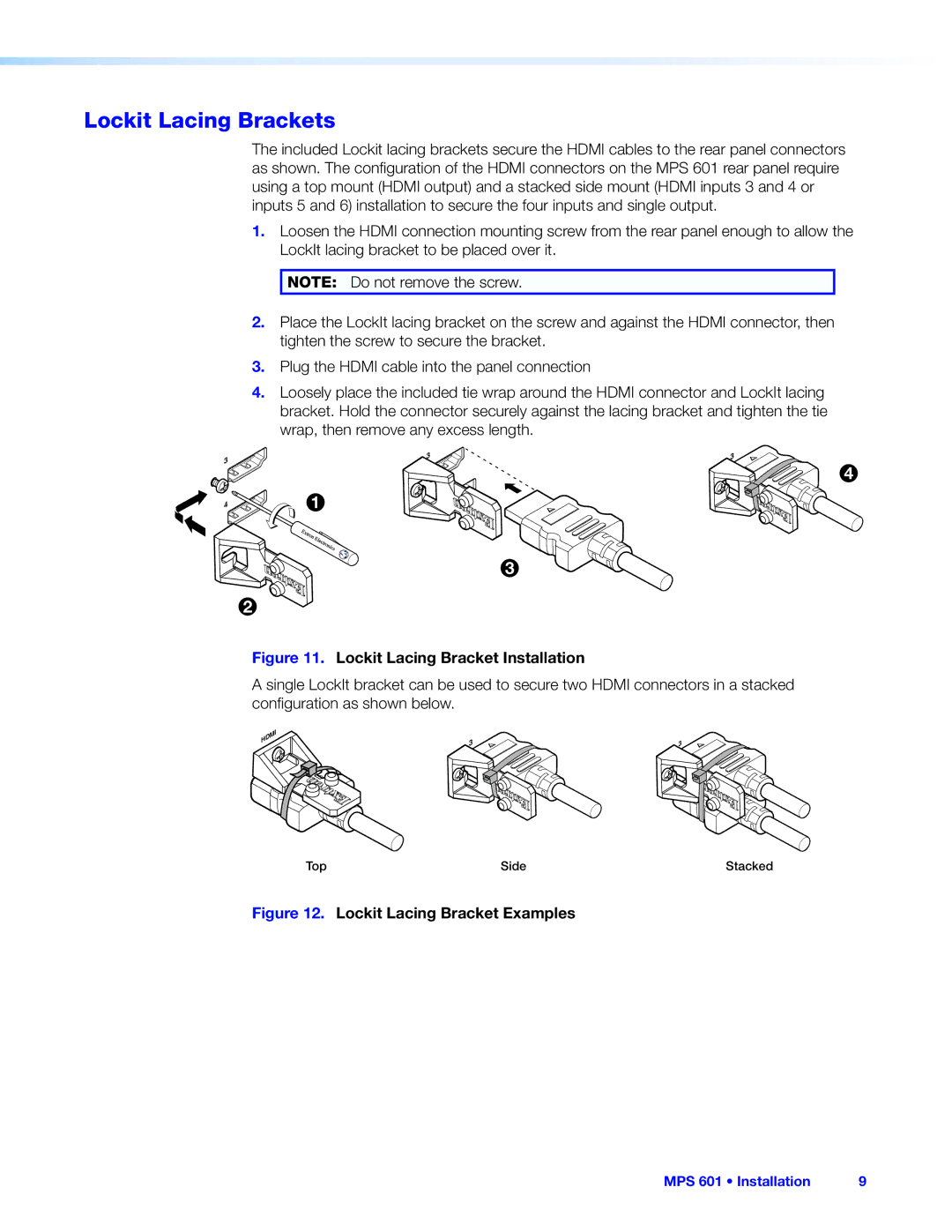 Extron electronic MPS 601 manual Lockit Lacing Brackets, Lockit Lacing Bracket Installation 