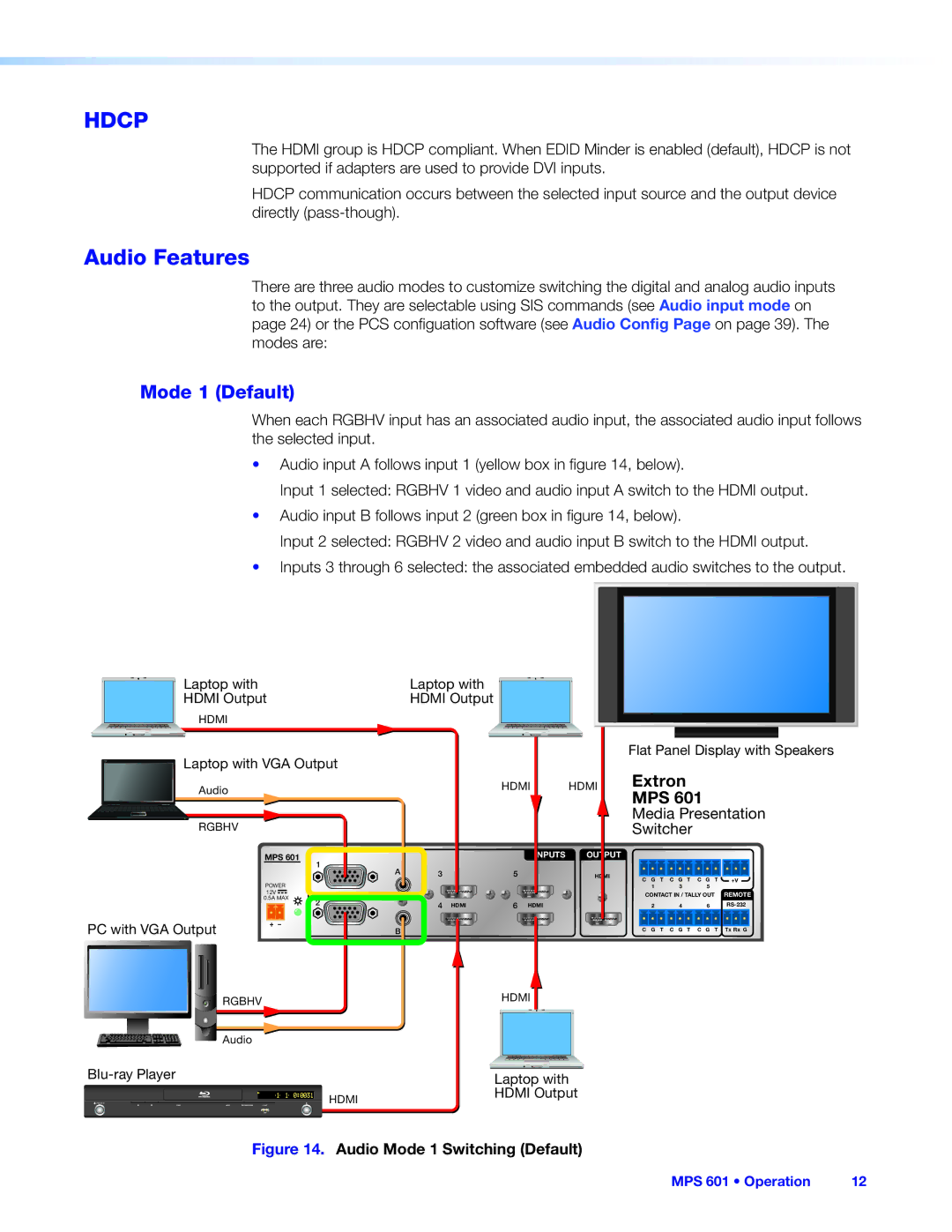 Extron electronic MPS 601 manual Audio Features, Mode 1 Default, Media Presentation 