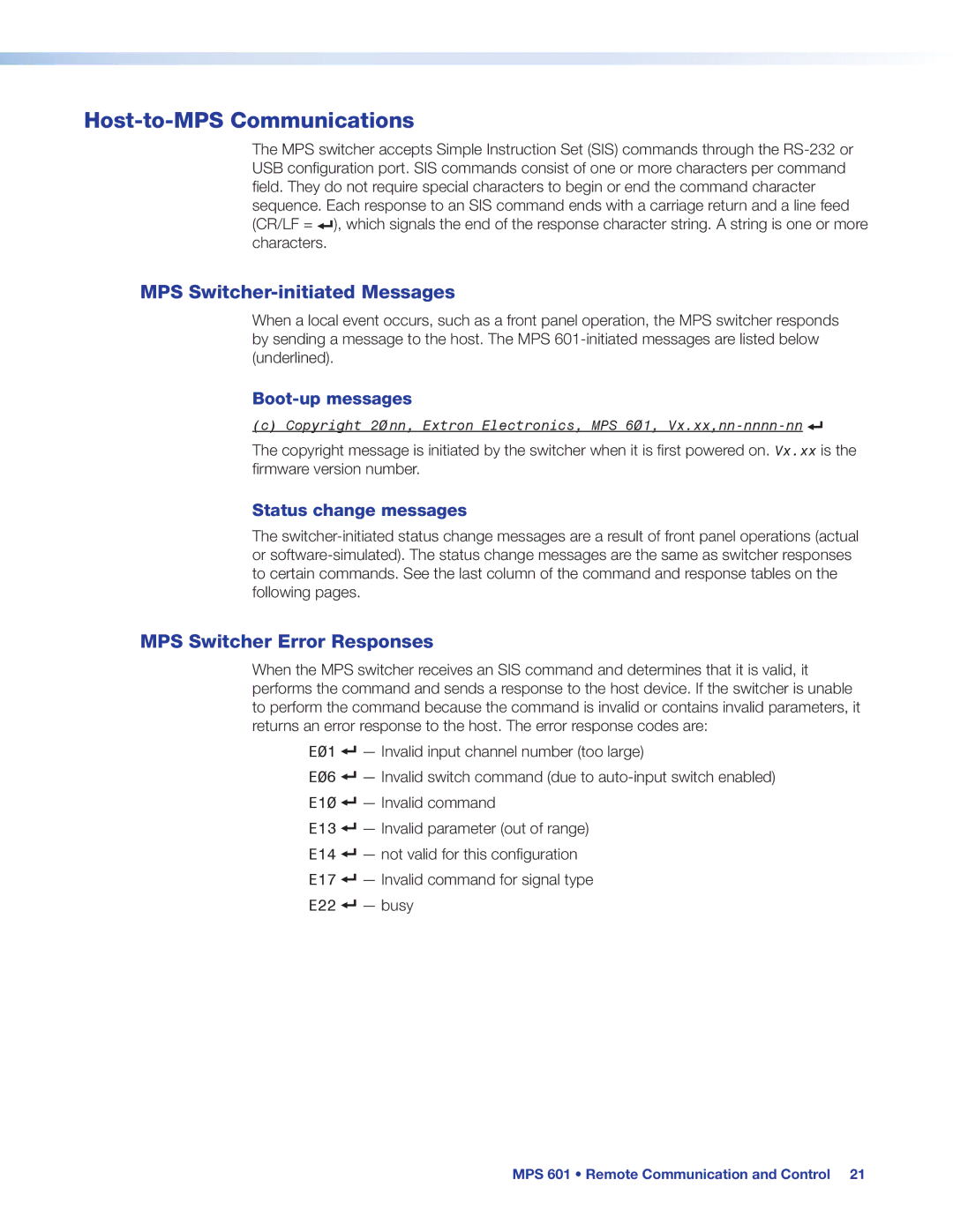 Extron electronic MPS 601 manual Host-to-MPS Communications, MPS Switcher-initiated Messages, MPS Switcher Error Responses 