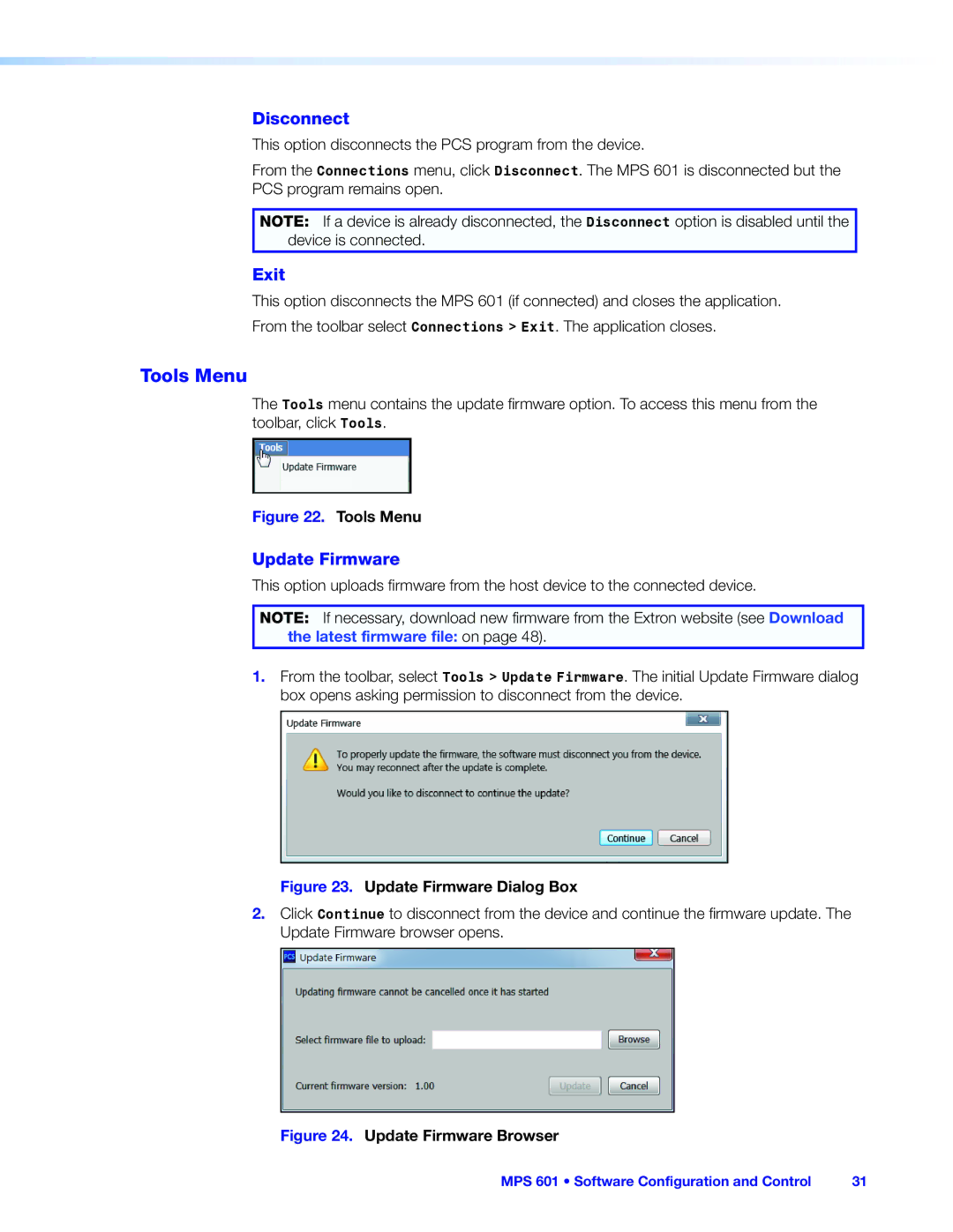 Extron electronic MPS 601 manual Tools Menu, Disconnect, Exit, Update Firmware 