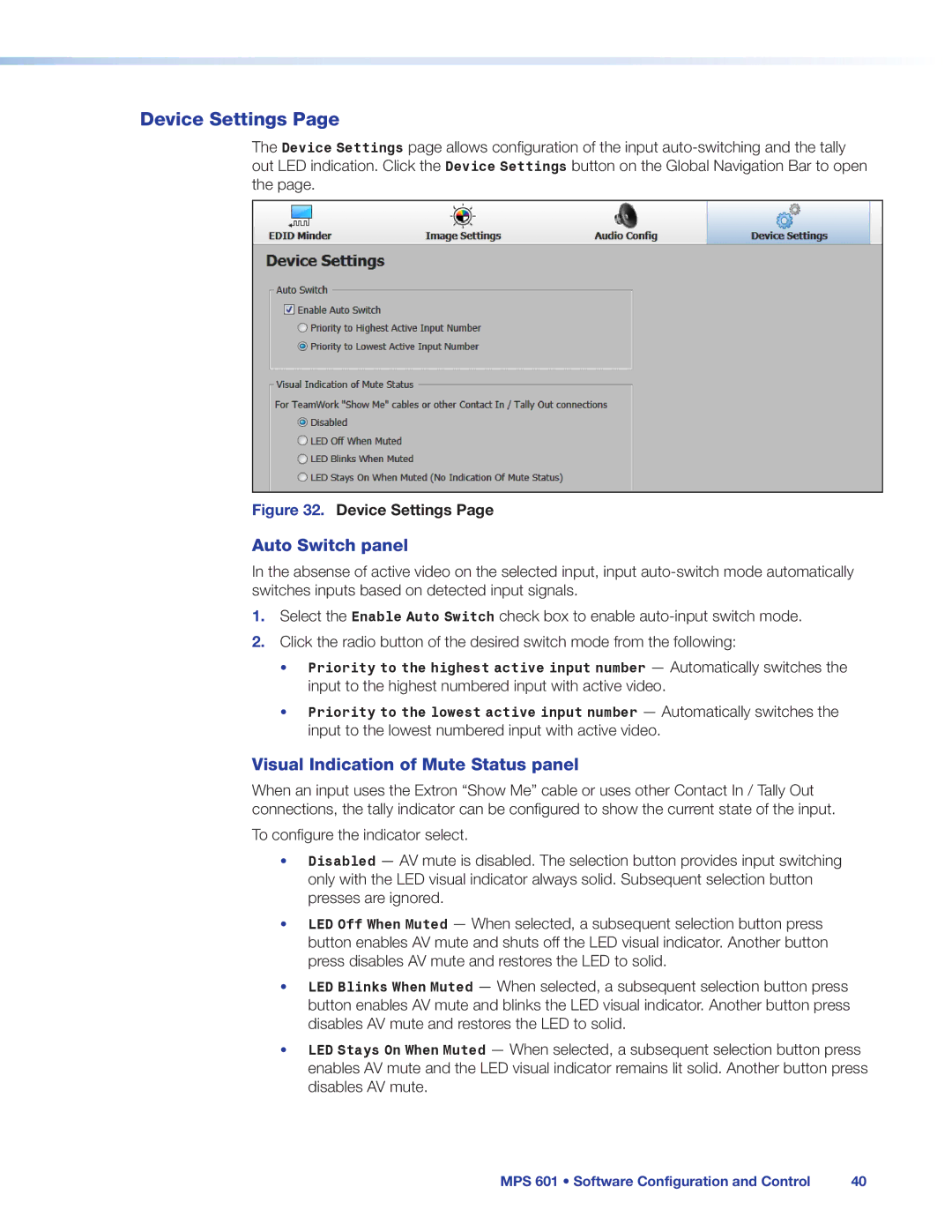 Extron electronic MPS 601 manual Device Settings, Auto Switch panel, Visual Indication of Mute Status panel 