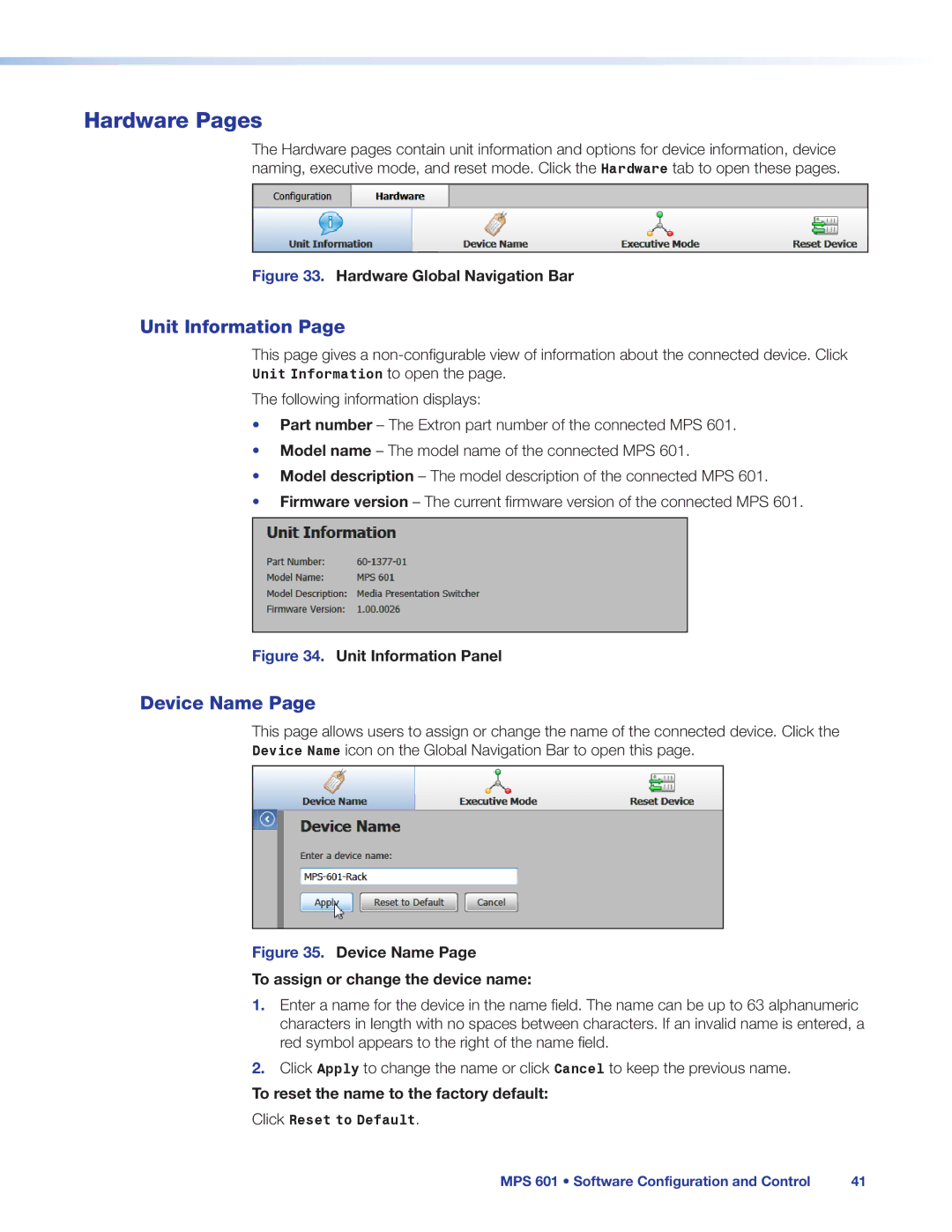 Extron electronic MPS 601 manual Hardware Pages, Unit Information, Device Name, To reset the name to the factory default 