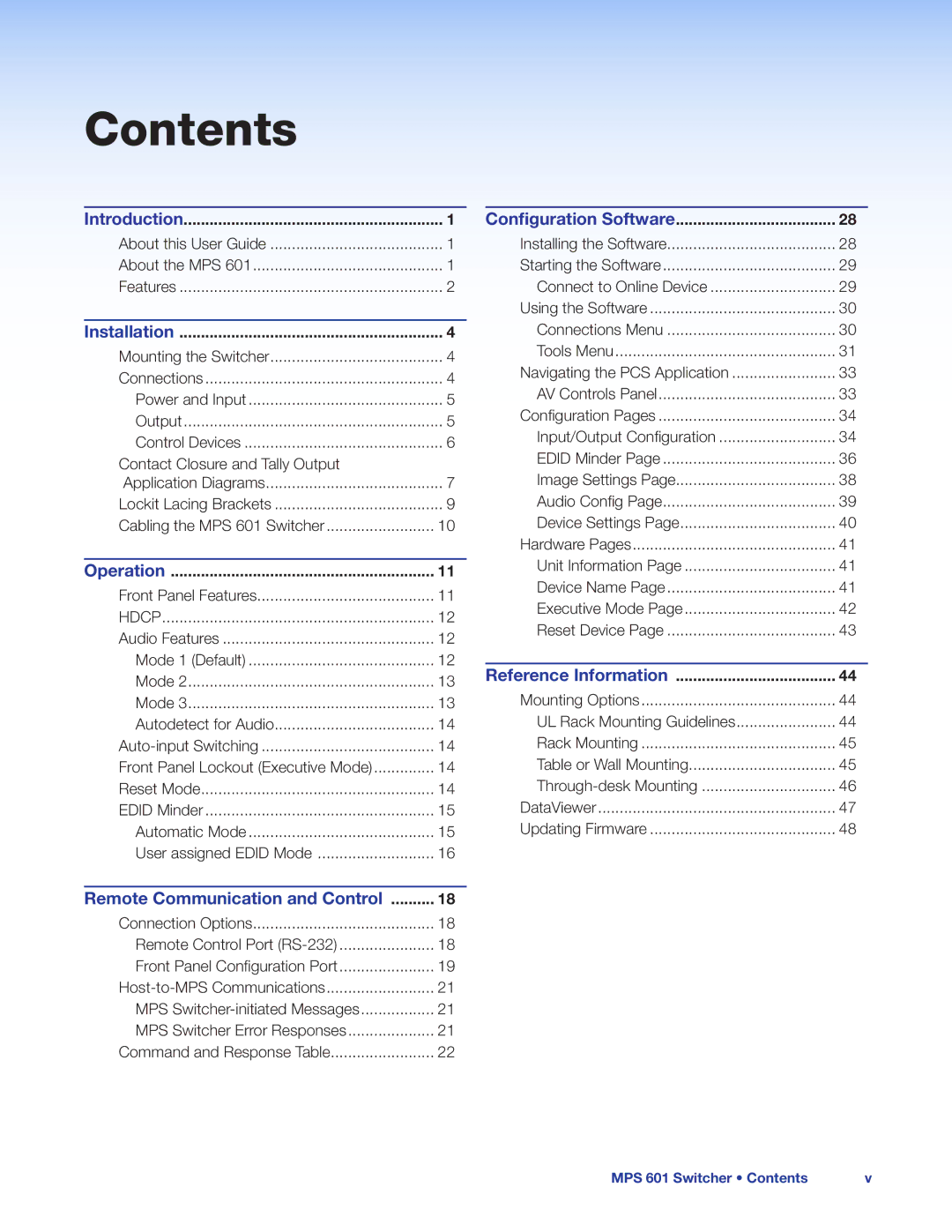 Extron electronic MPS 601 manual Contents 