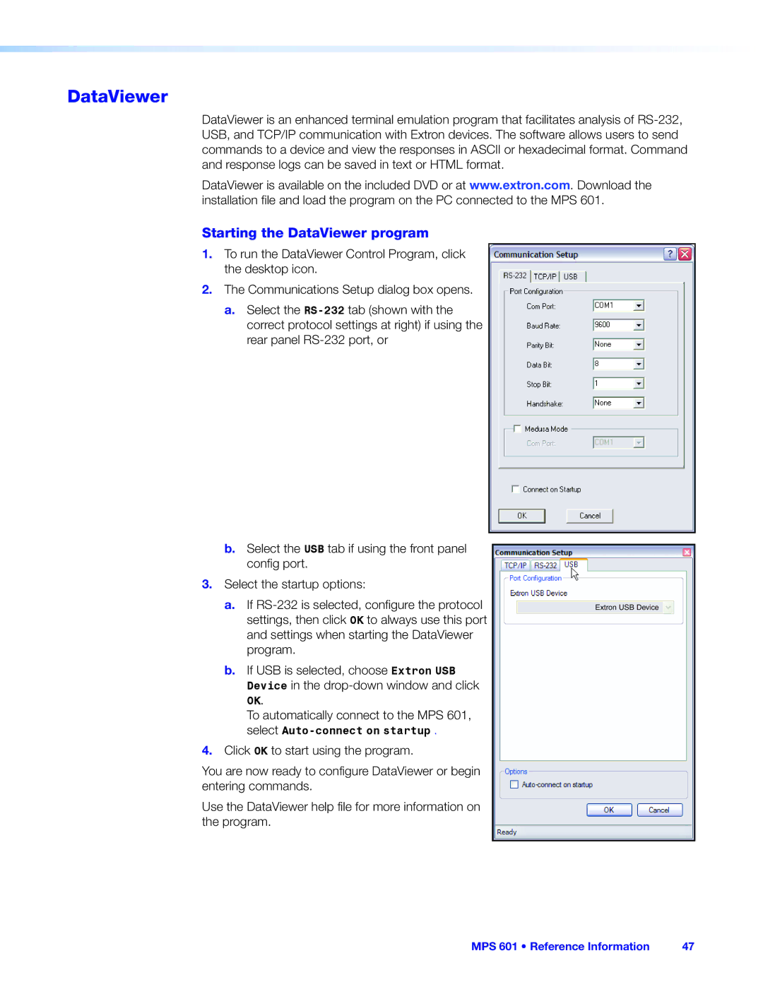 Extron electronic MPS 601 manual Starting the DataViewer program 