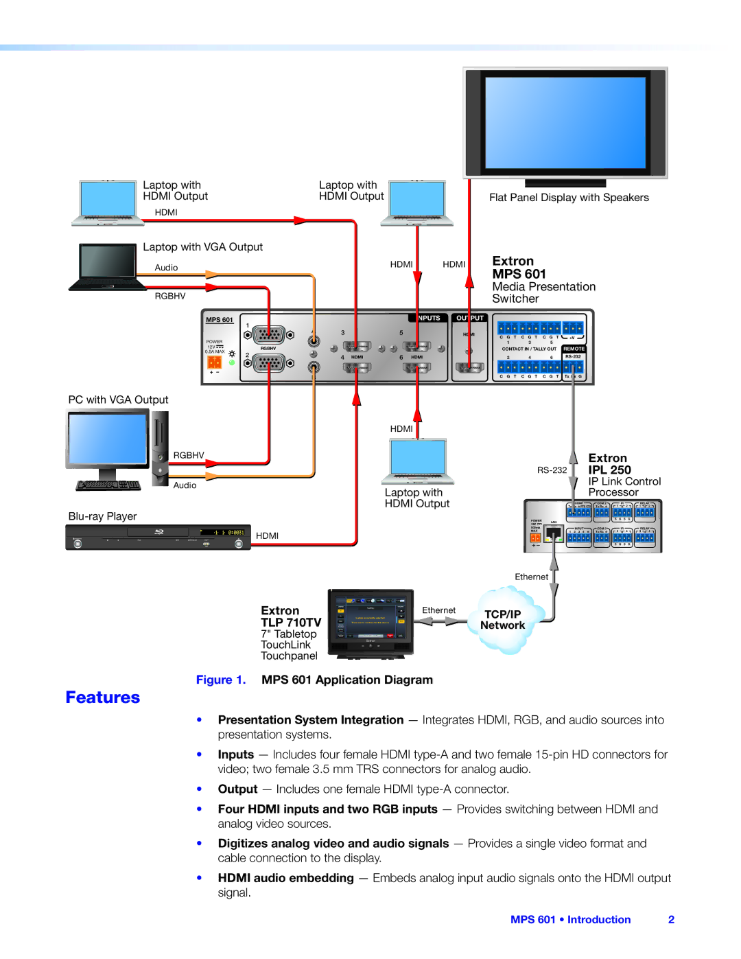 Extron electronic MPS 601 manual Features, Media Presentation Switcher, Ipl, Extron TLP 710TV 