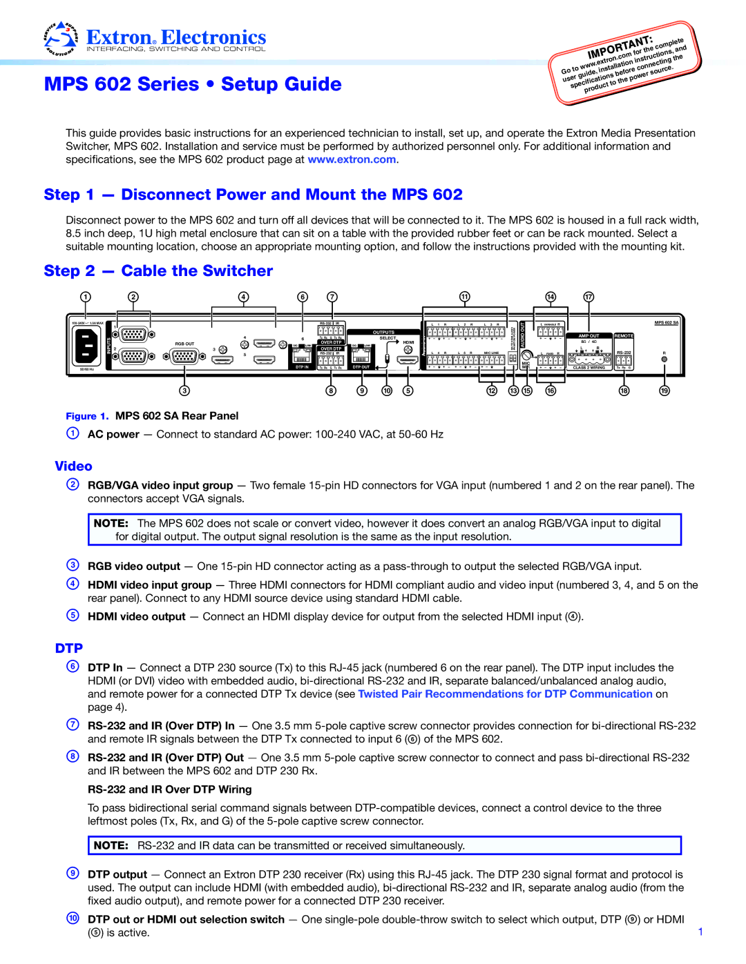 Extron electronic MPS602 installation instructions MPS 602 Series Setup Guide, Disconnect Power and Mount the MPS, Video 