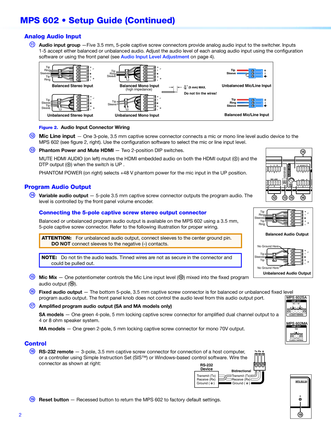 Extron electronic MPS602 installation instructions MPS 602 Setup Guide, Analog Audio Input, Program Audio Output, Control 