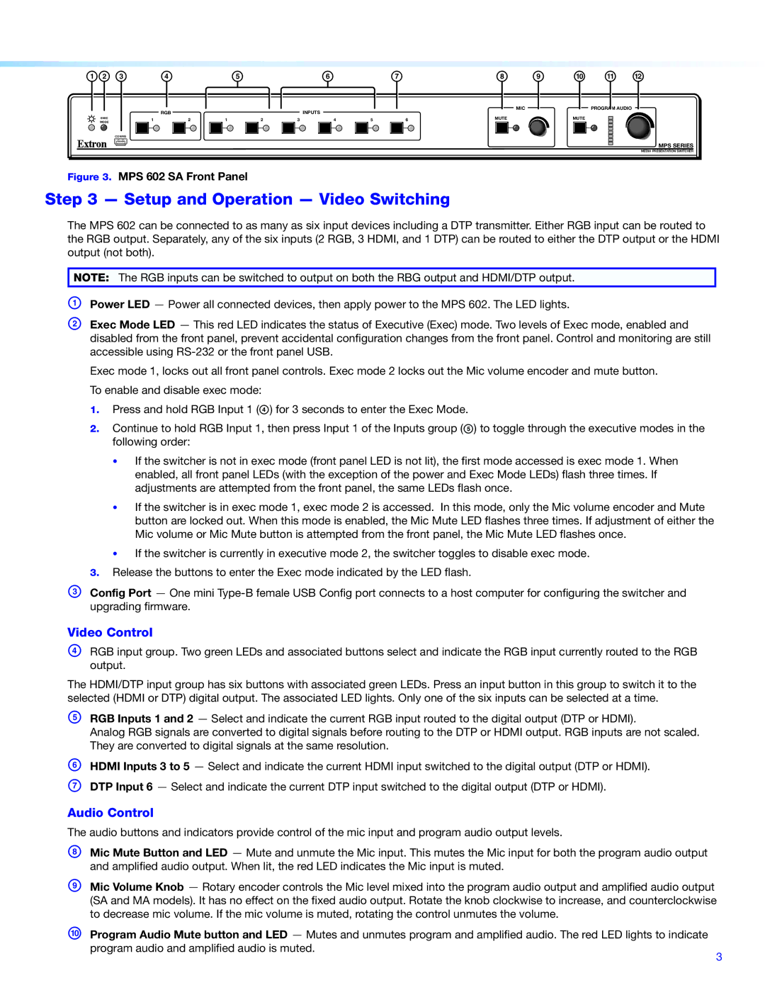 Extron electronic MPS602 installation instructions Setup and Operation Video Switching, Video Control, Audio Control 