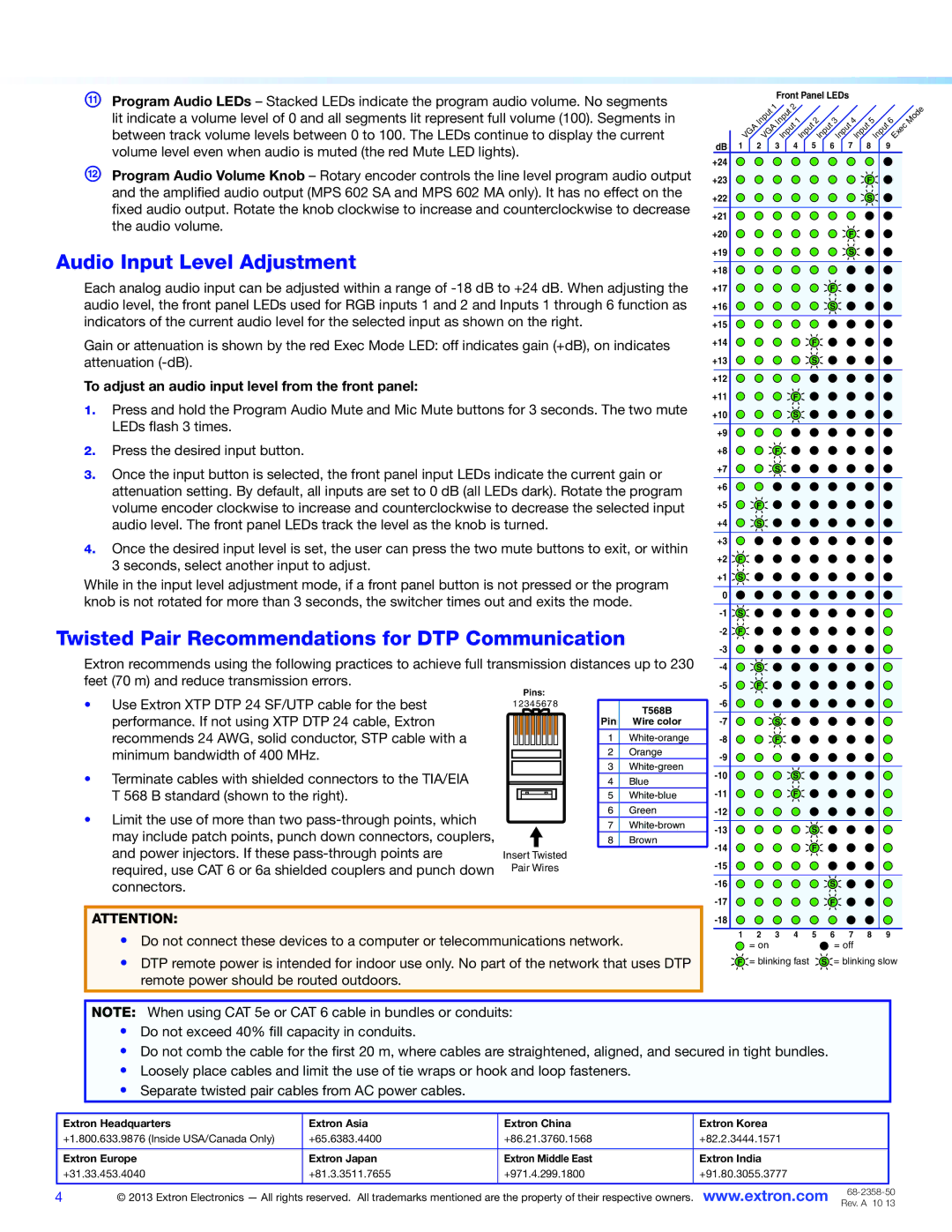 Extron electronic MPS602 Audio Input Level Adjustment, Twisted Pair Recommendations for DTP Communication 