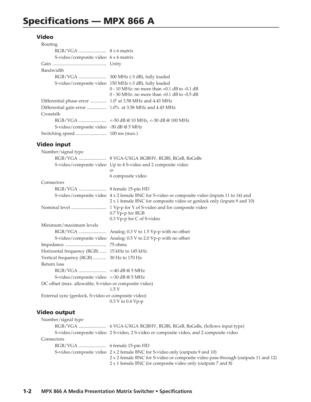 Extron electronic MPX 866 A specifications Video input, Video output 