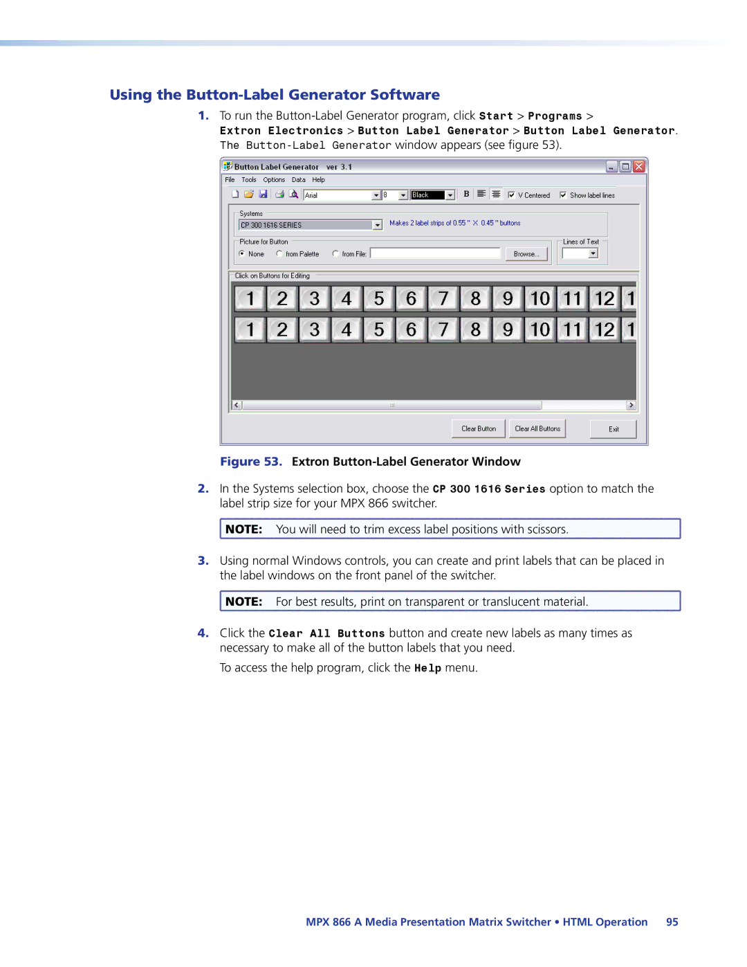 Extron electronic MPX 866 A Using the Button-Label Generator Software, Button-Label Generator window appears see figure 