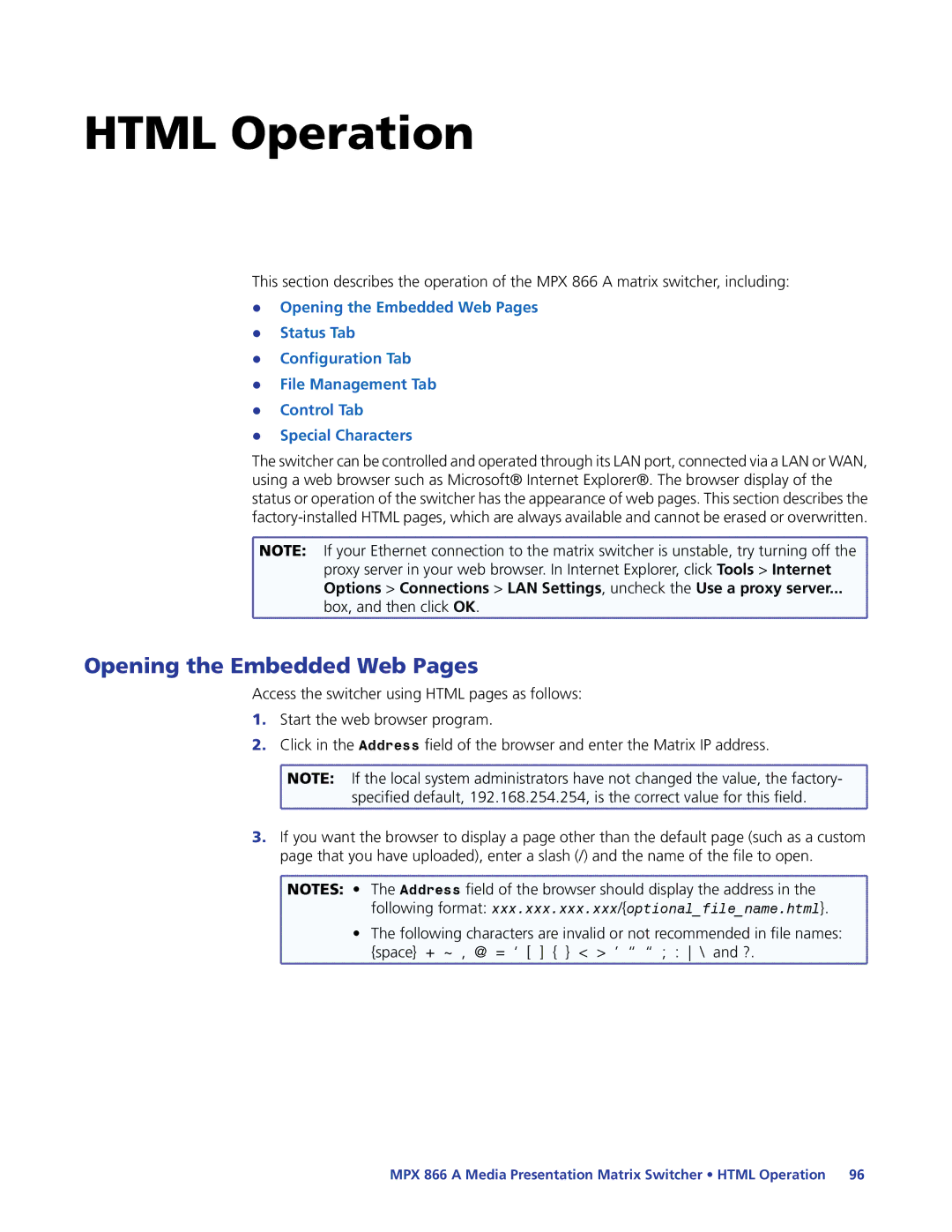 Extron electronic MPX 866 A manual Opening the Embedded Web Pages, Box, and then click OK 