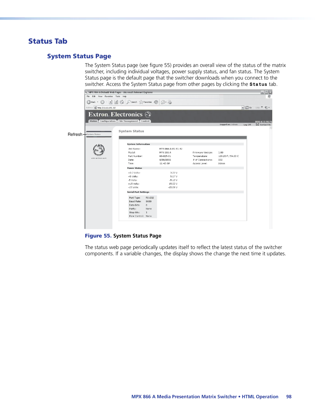 Extron electronic MPX 866 A manual Status Tab, System Status 