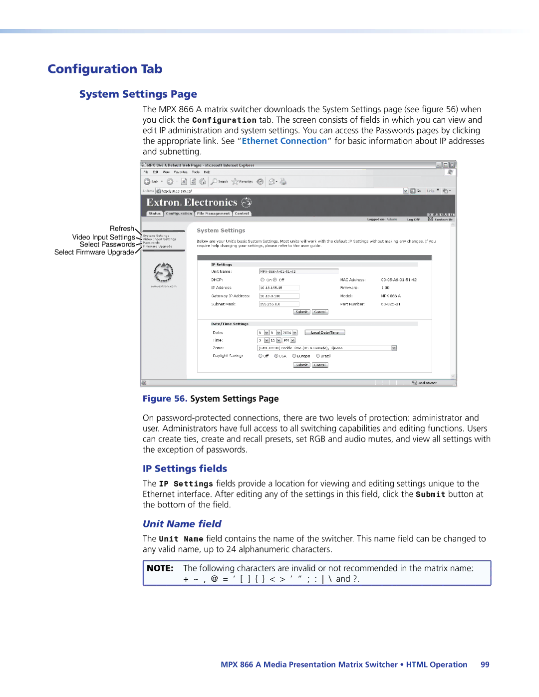 Extron electronic MPX 866 A manual Configuration Tab, System Settings, IP Settings fields, Unit Name field 