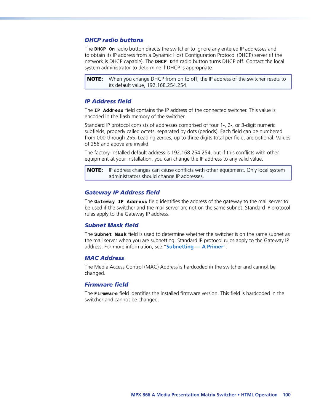Extron electronic MPX 866 A manual Dhcp radio buttons, Gateway IP Address field, Subnet Mask field, MAC Address 