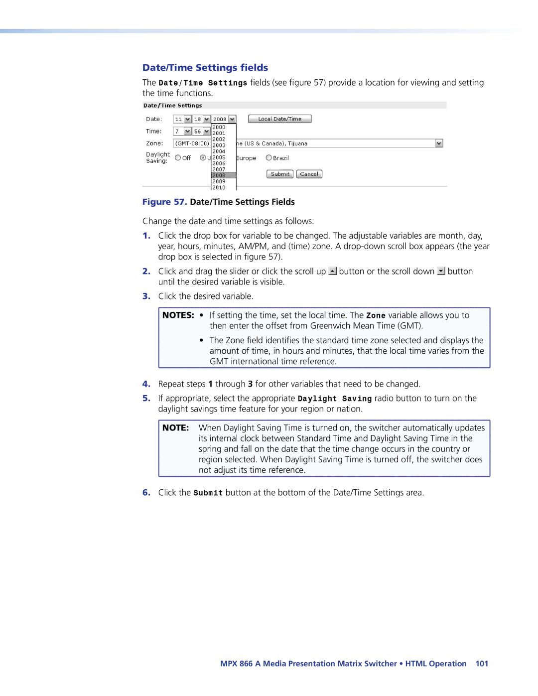 Extron electronic MPX 866 A manual Date/Time Settings fields, Date/Time Settings Fields 