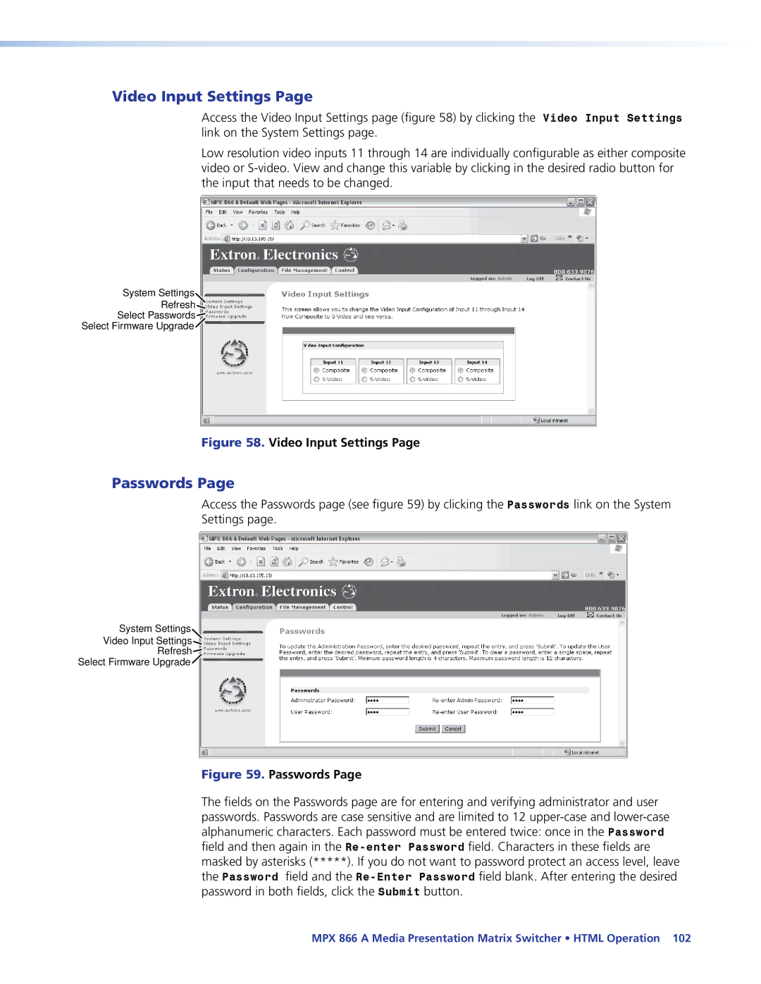 Extron electronic MPX 866 A manual Video Input Settings, Passwords 