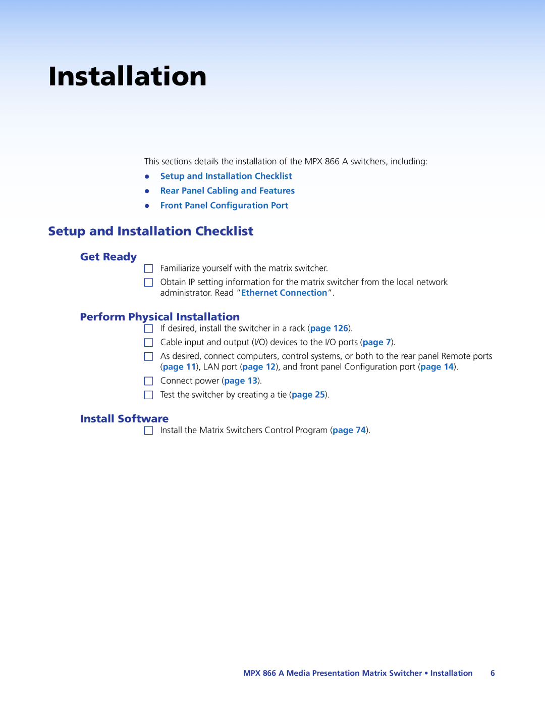 Extron electronic MPX 866 A Setup and Installation Checklist, Get Ready, Perform Physical Installation, Install Software 