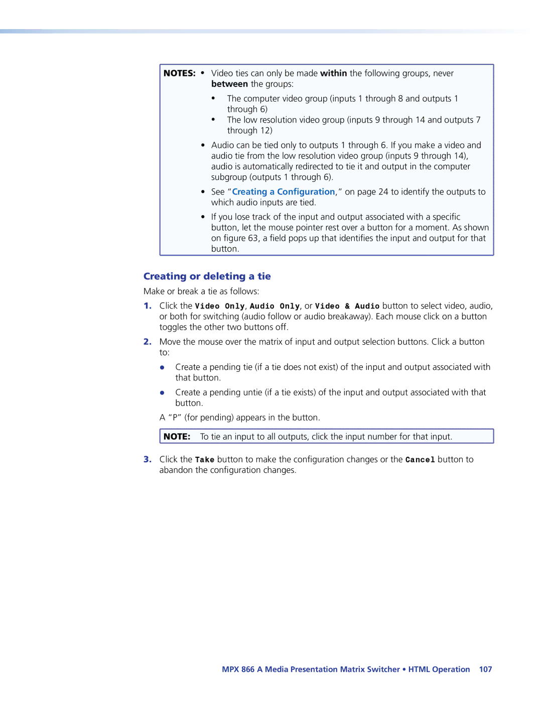 Extron electronic MPX 866 A manual Creating or deleting a tie 