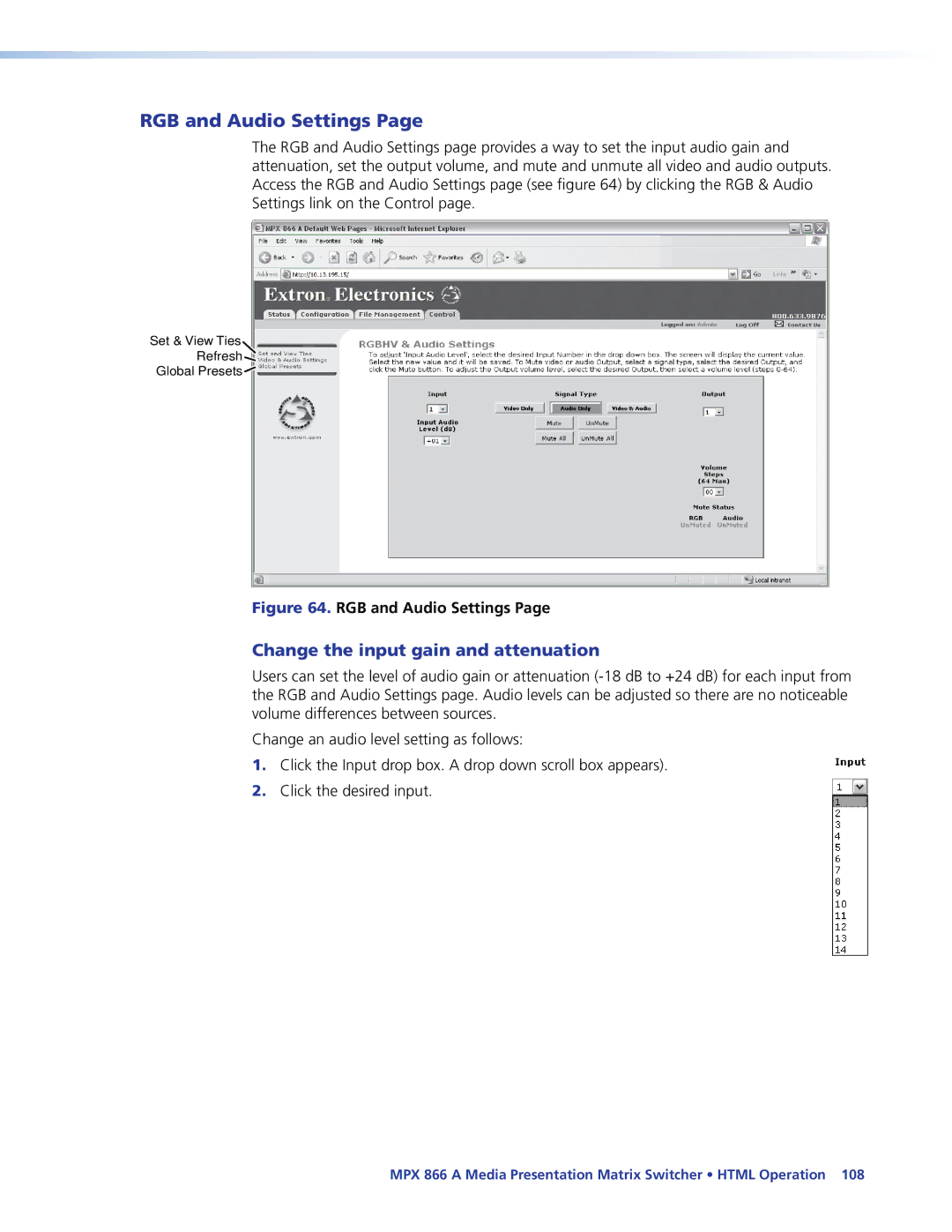 Extron electronic MPX 866 A manual RGB and Audio Settings, Change the input gain and attenuation 