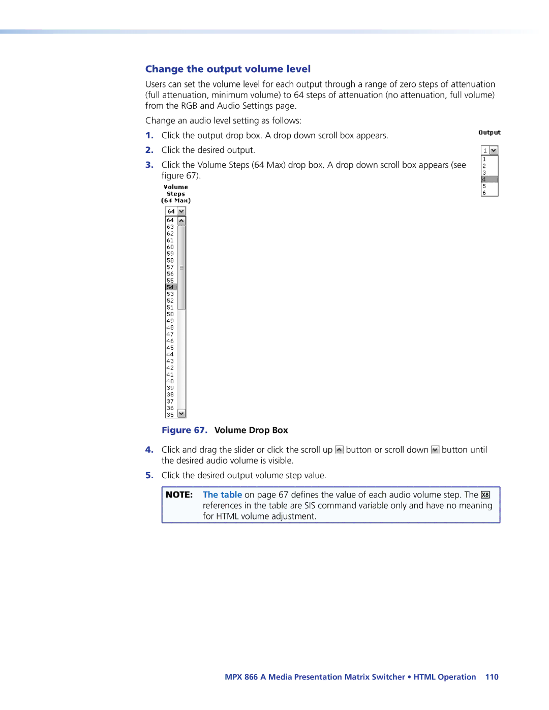 Extron electronic MPX 866 A manual Change the output volume level, Volume Drop Box 