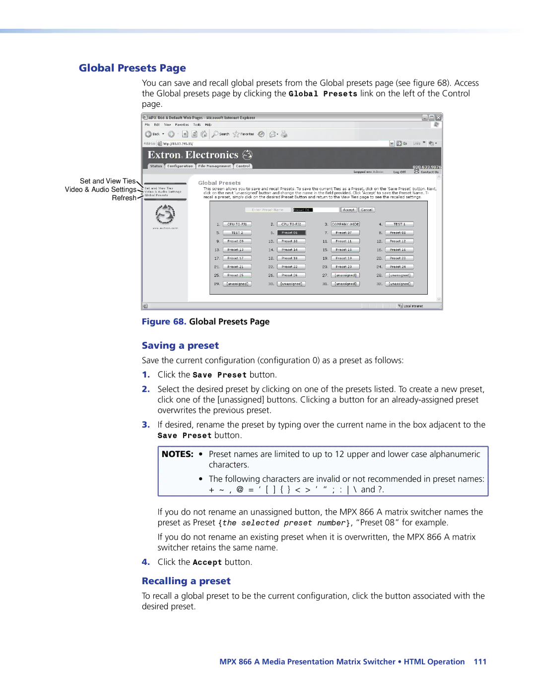 Extron electronic MPX 866 A manual Global Presets, Saving a preset, Recalling a preset 