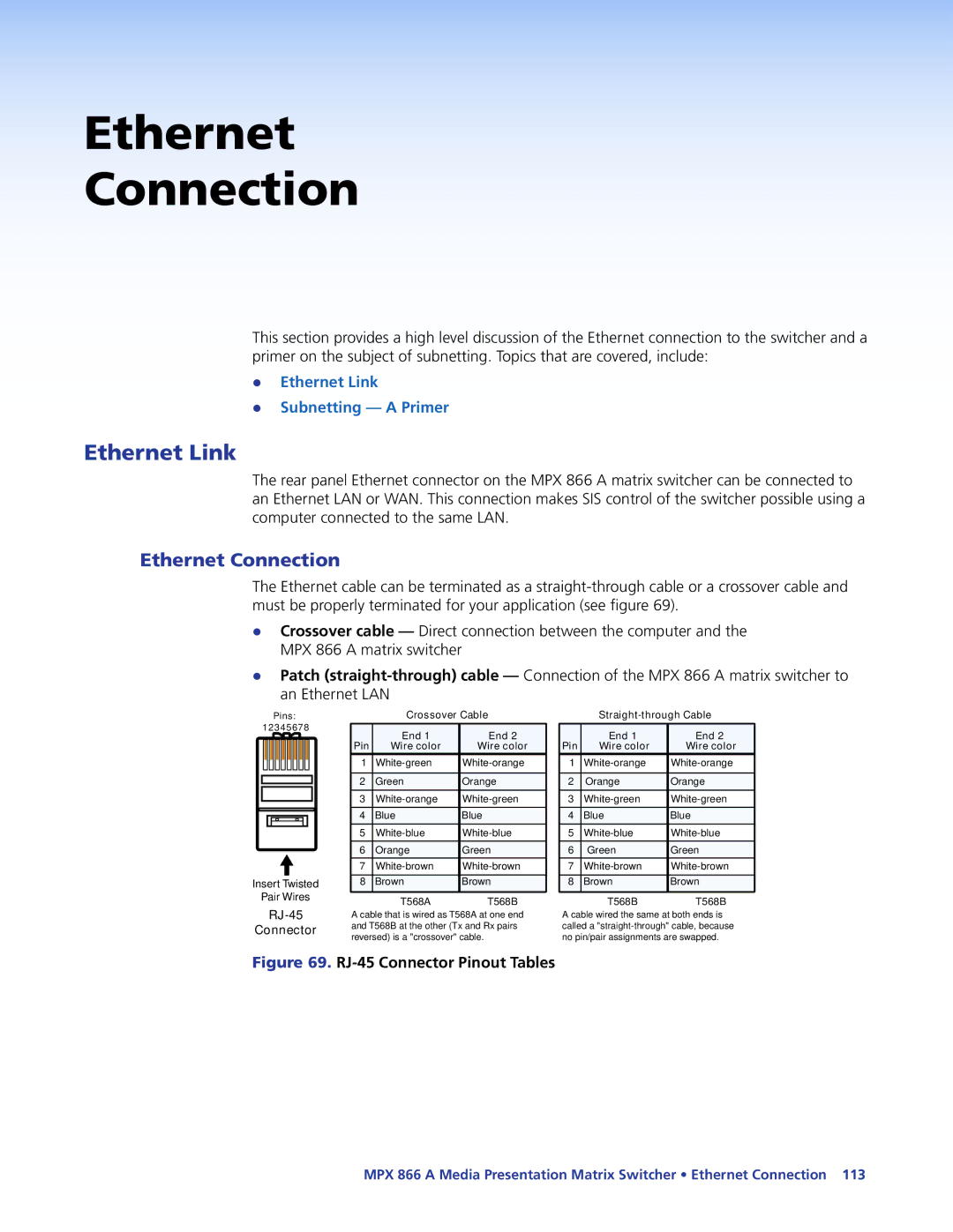 Extron electronic MPX 866 A manual Ethernet Link, RJ-45 Connector Pinout Tables 