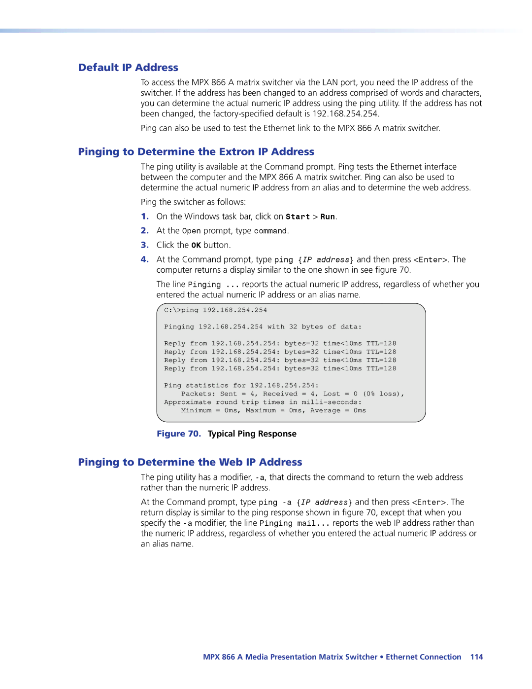 Extron electronic MPX 866 A manual Default IP Address, Pinging to Determine the Extron IP Address 