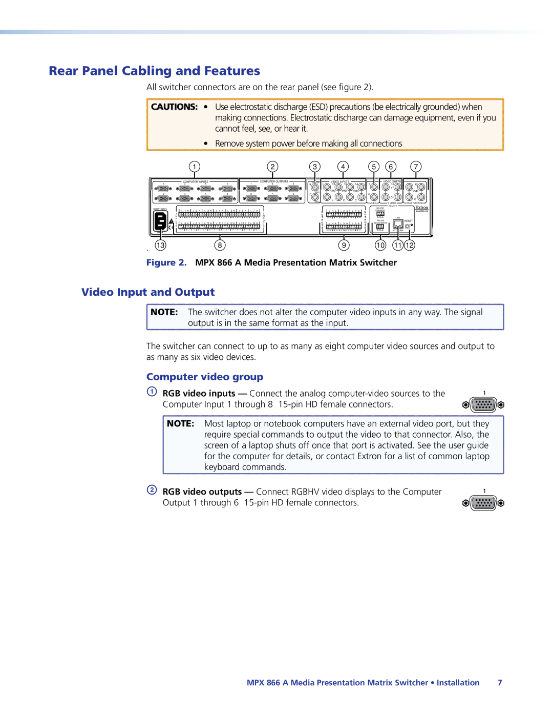 Extron electronic MPX 866 A manual Rear Panel Cabling and Features, Video Input and Output, Computer video group 