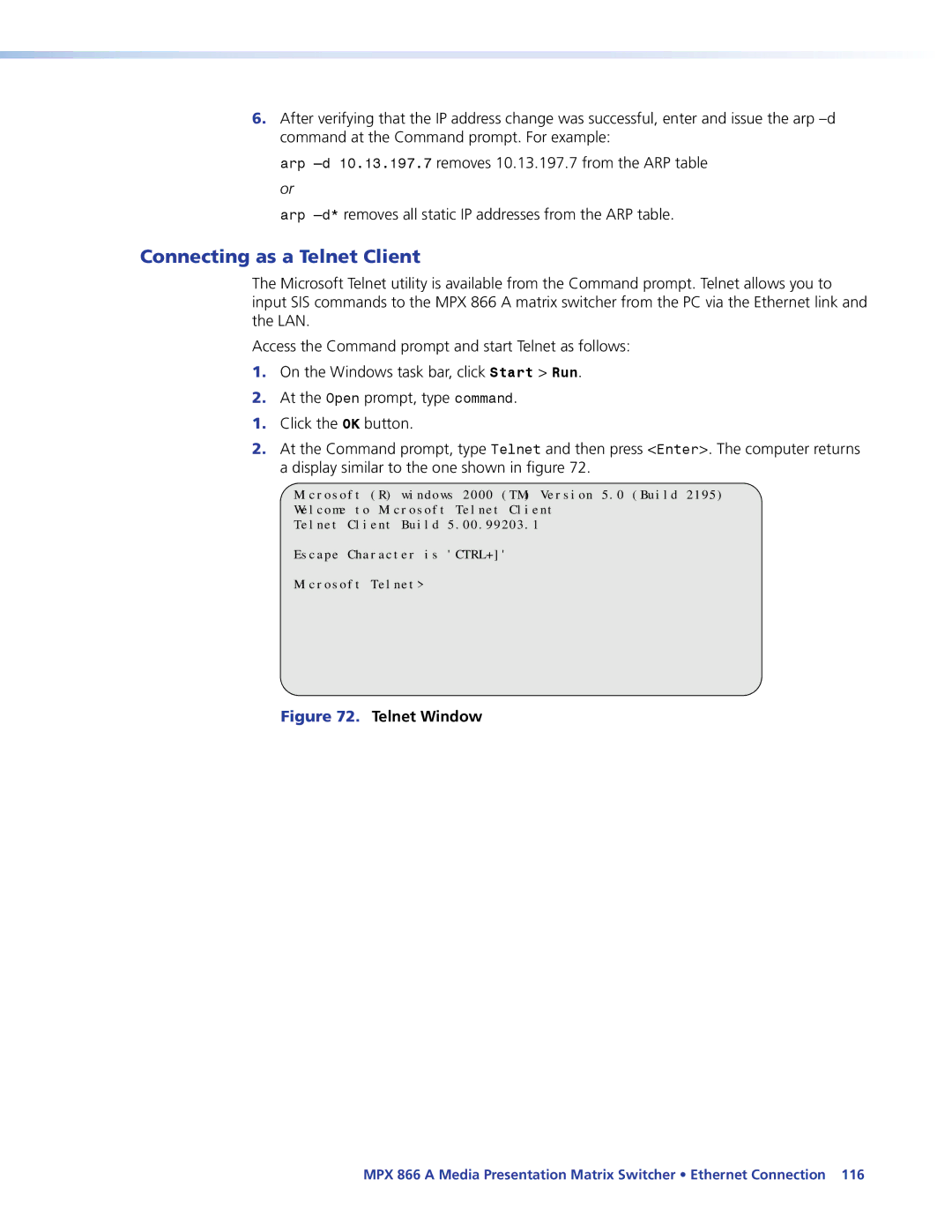 Extron electronic MPX 866 A manual Connecting as a Telnet Client, Telnet Window 