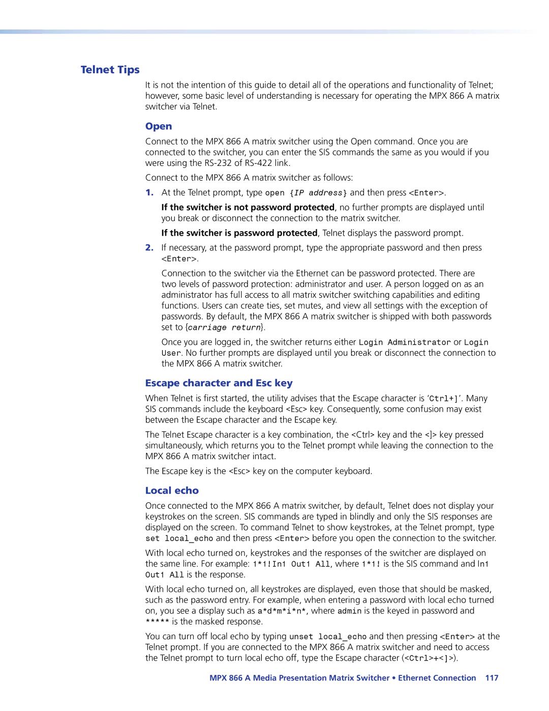 Extron electronic MPX 866 A manual Telnet Tips, Open, Escape character and Esc key, Local echo 