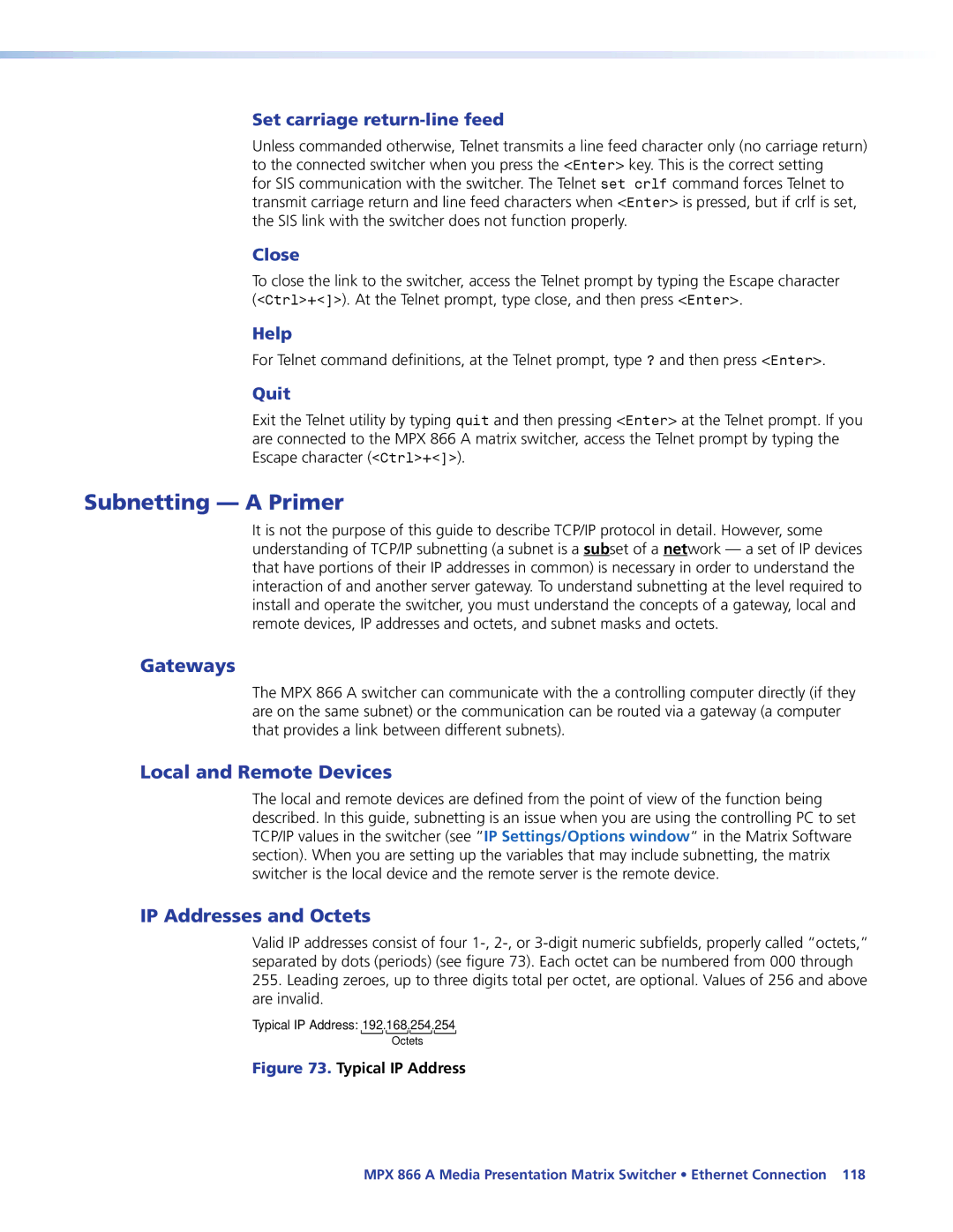 Extron electronic MPX 866 A manual Subnetting a Primer, Gateways, Local and Remote Devices, IP Addresses and Octets 