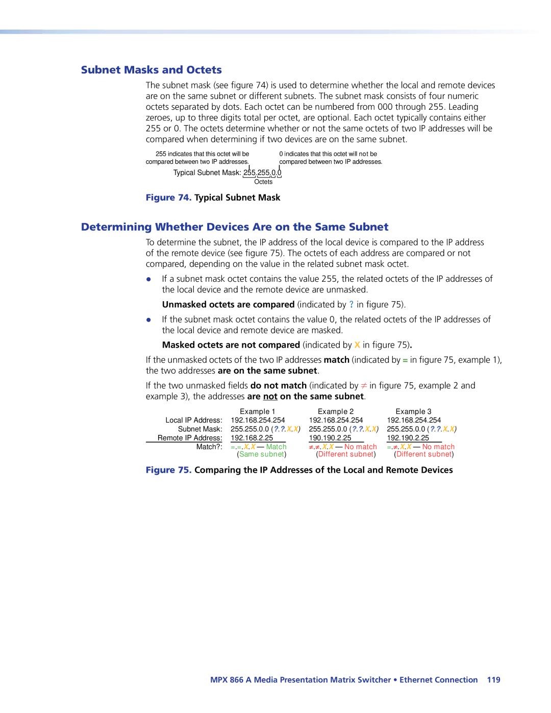 Extron electronic MPX 866 A manual Subnet Masks and Octets, Determining Whether Devices Are on the Same Subnet 