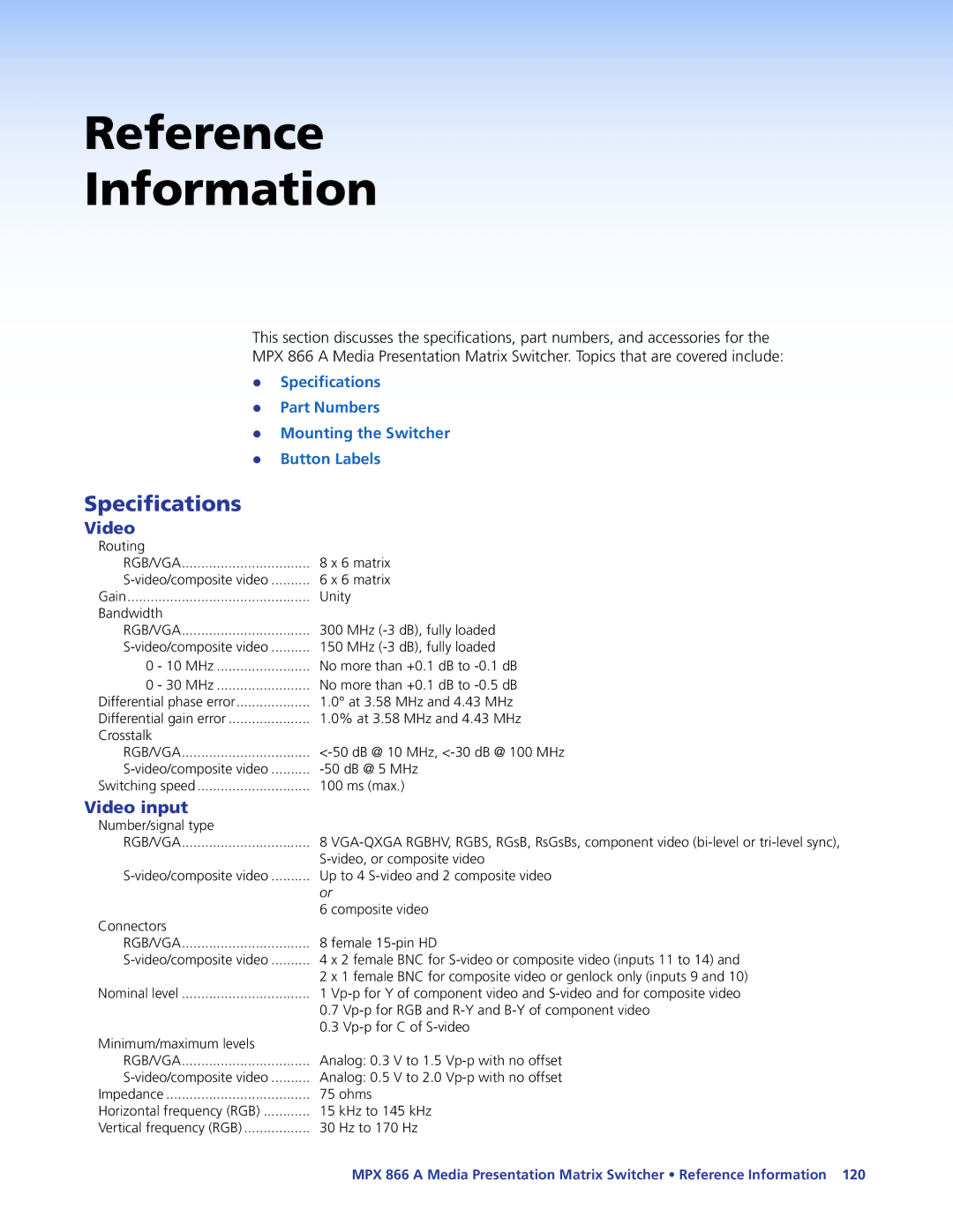 Extron electronic MPX 866 A manual Specifications, Video input 